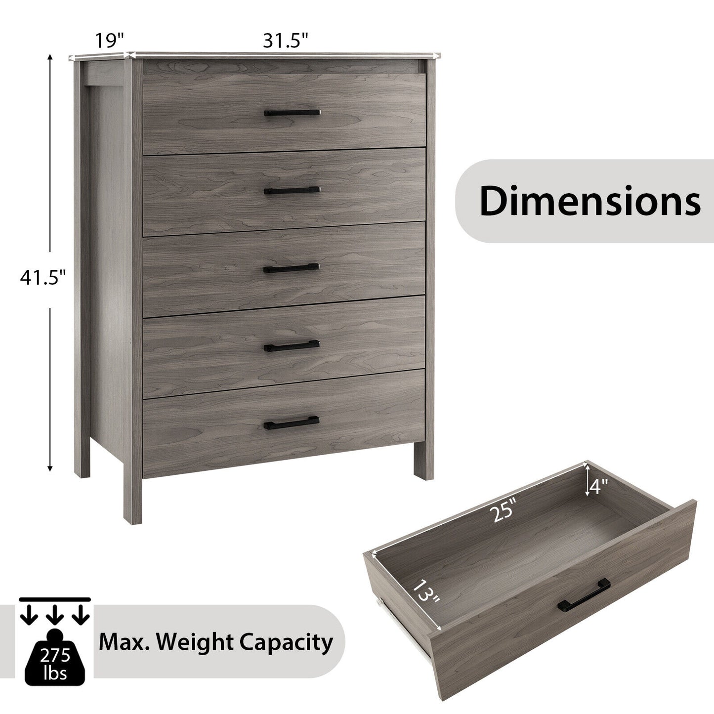 Modern 5 Drawer Dresser with Metal Handles, Storage Chest for Bedroom or Entryway – Grey Oak