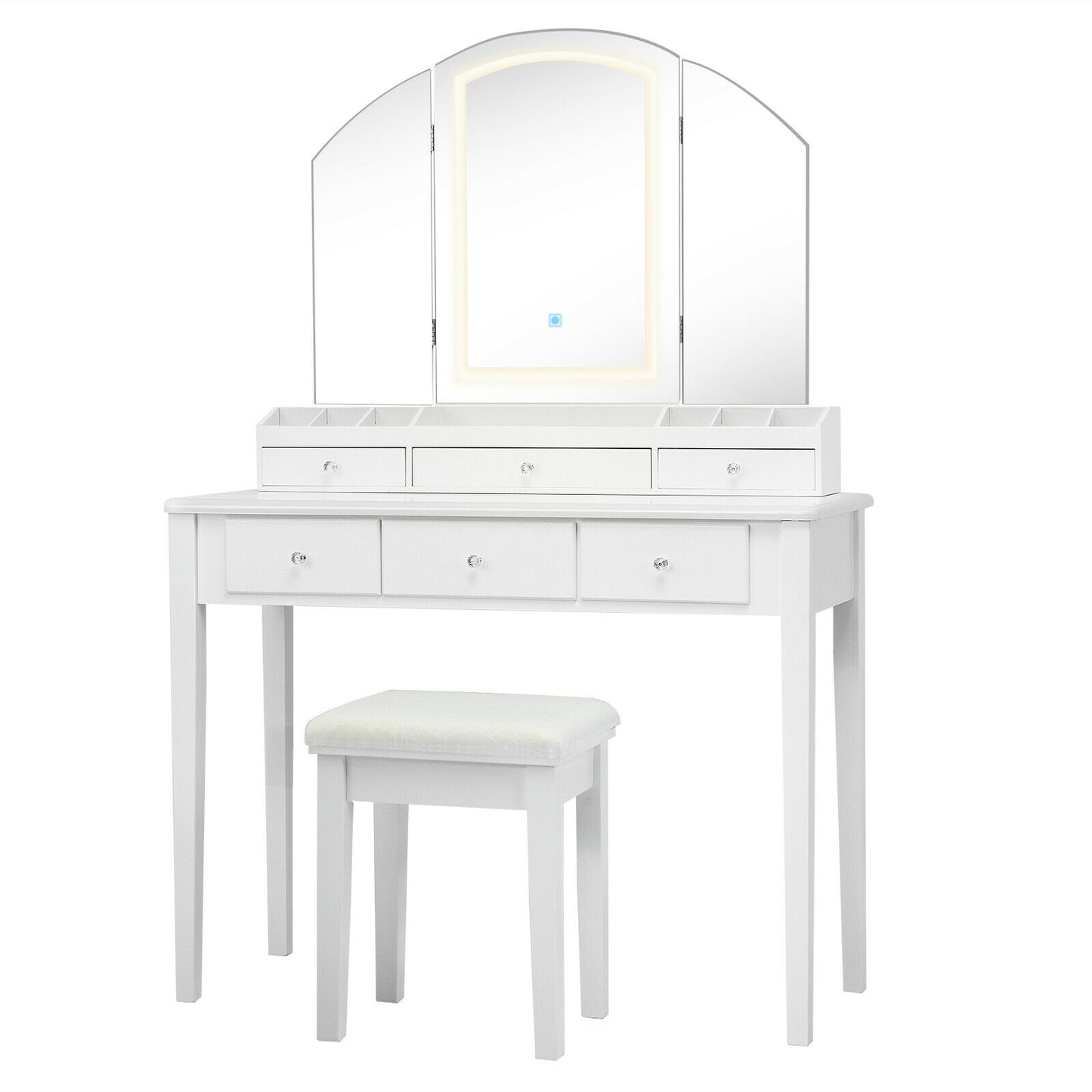 Modern Vanity Table Set with Tri-Fold LED Mirror and Cushioned Stool – White