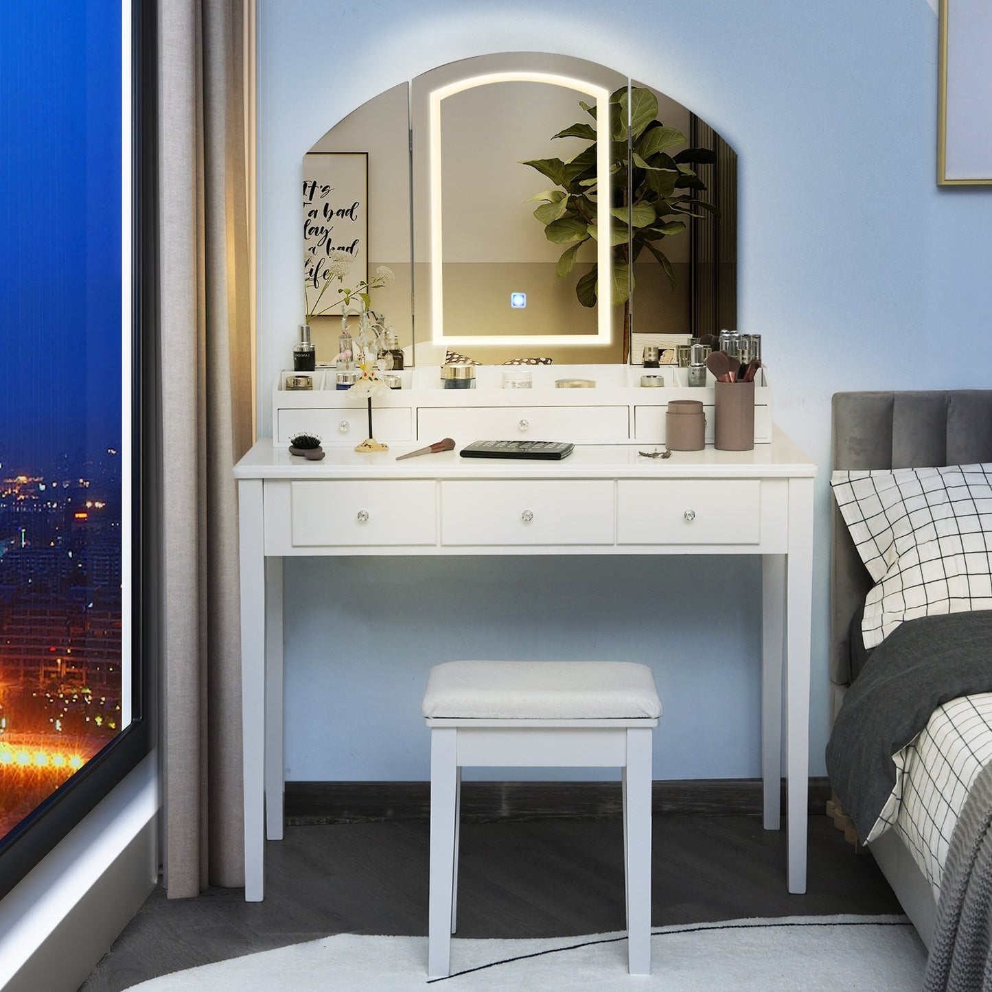 Modern Vanity Table Set with Tri-Fold LED Mirror and Cushioned Stool – White