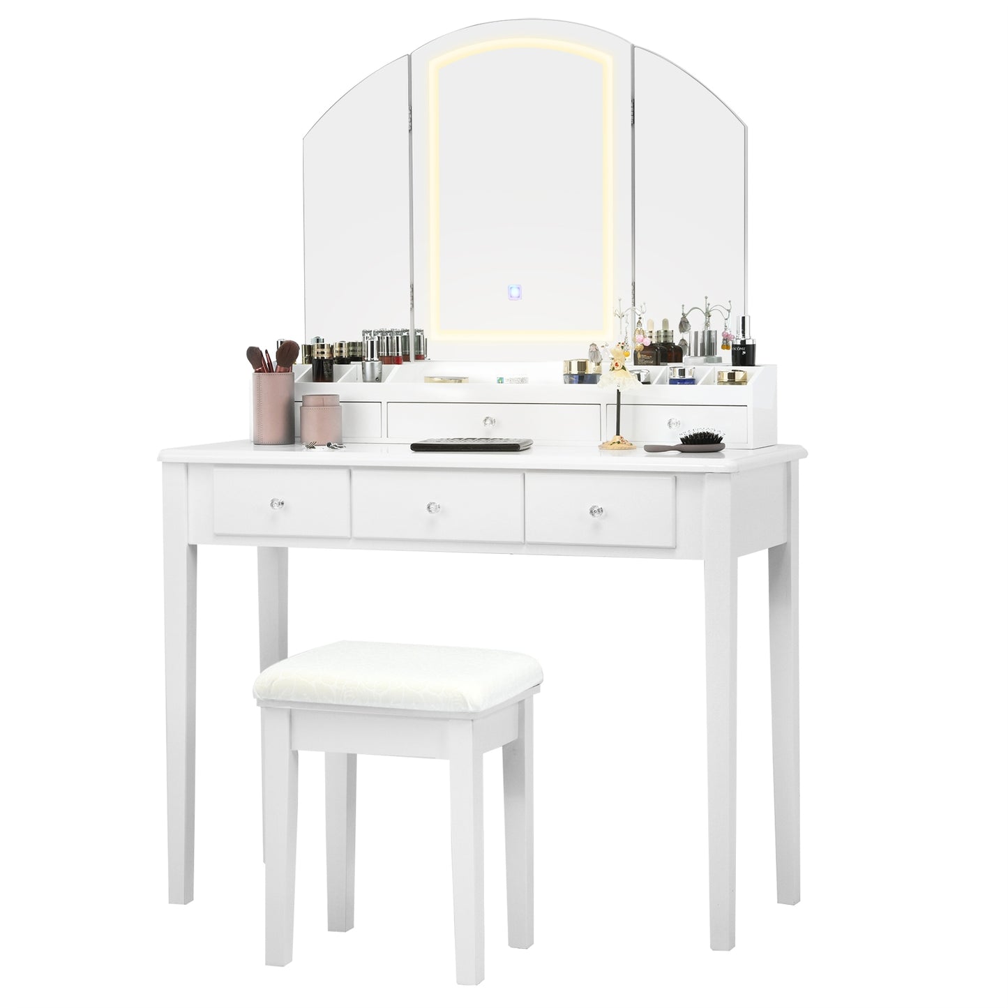 Modern Vanity Table Set with Tri-Fold LED Mirror and Cushioned Stool – White