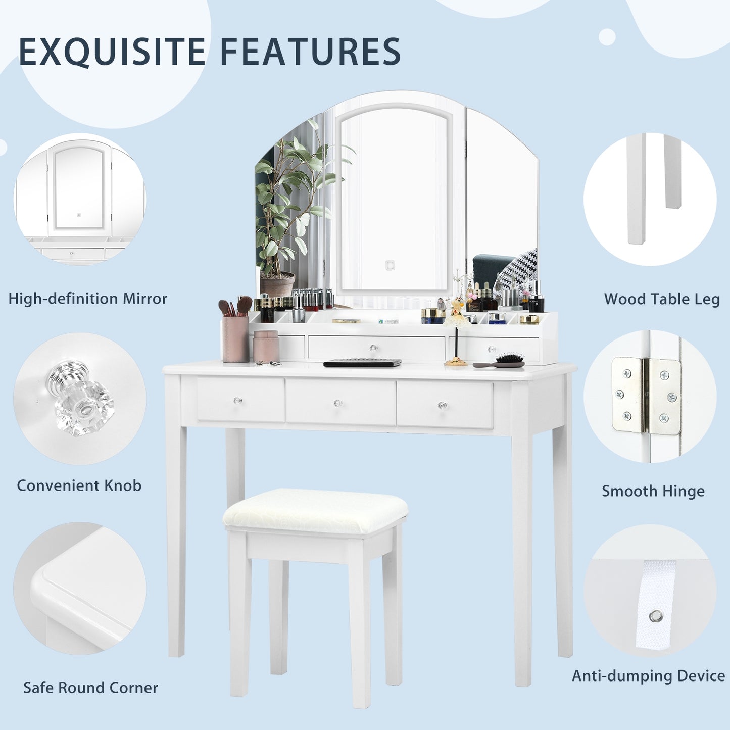 Modern Vanity Table Set with Tri-Fold LED Mirror and Cushioned Stool – White