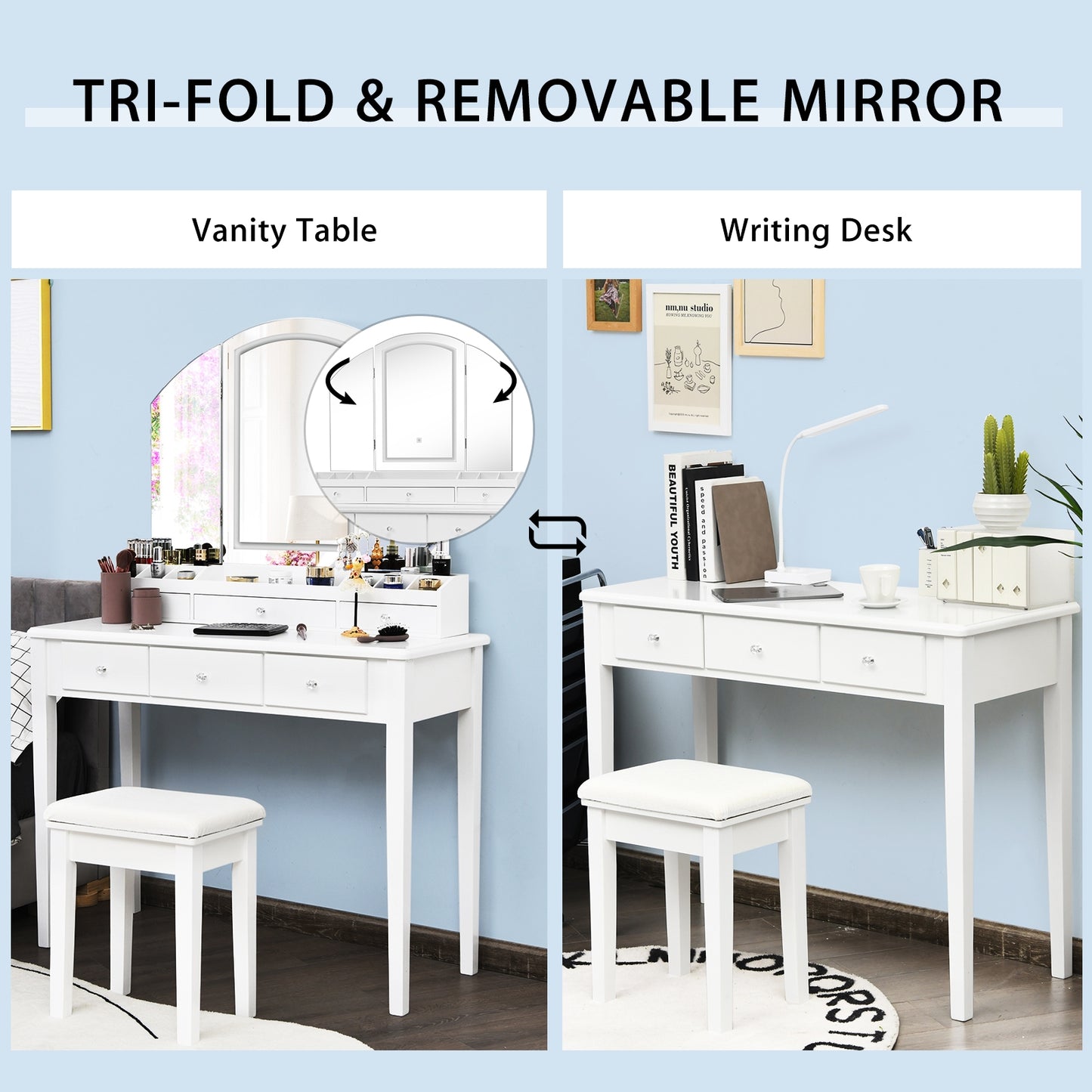 Modern Vanity Table Set with Tri-Fold LED Mirror and Cushioned Stool – White