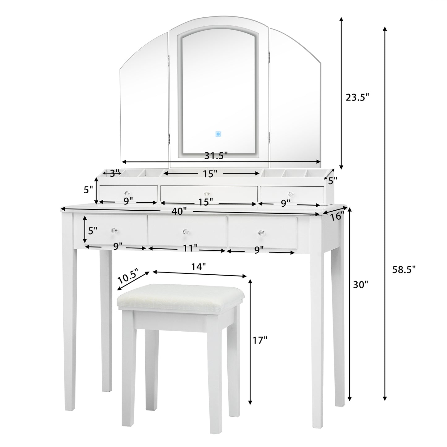 Modern Vanity Table Set with Tri-Fold LED Mirror and Cushioned Stool – White