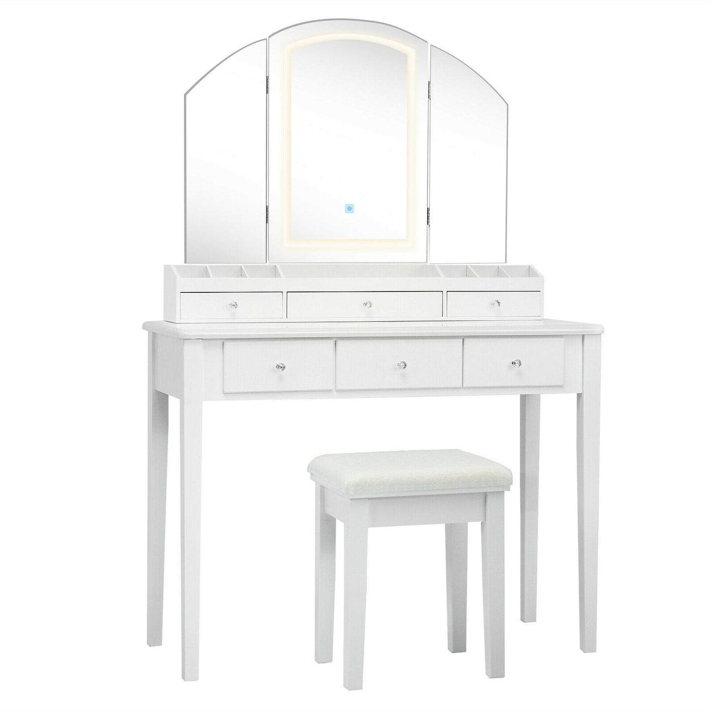 Modern Vanity Table Set with Tri-Fold LED Mirror and Cushioned Stool – White