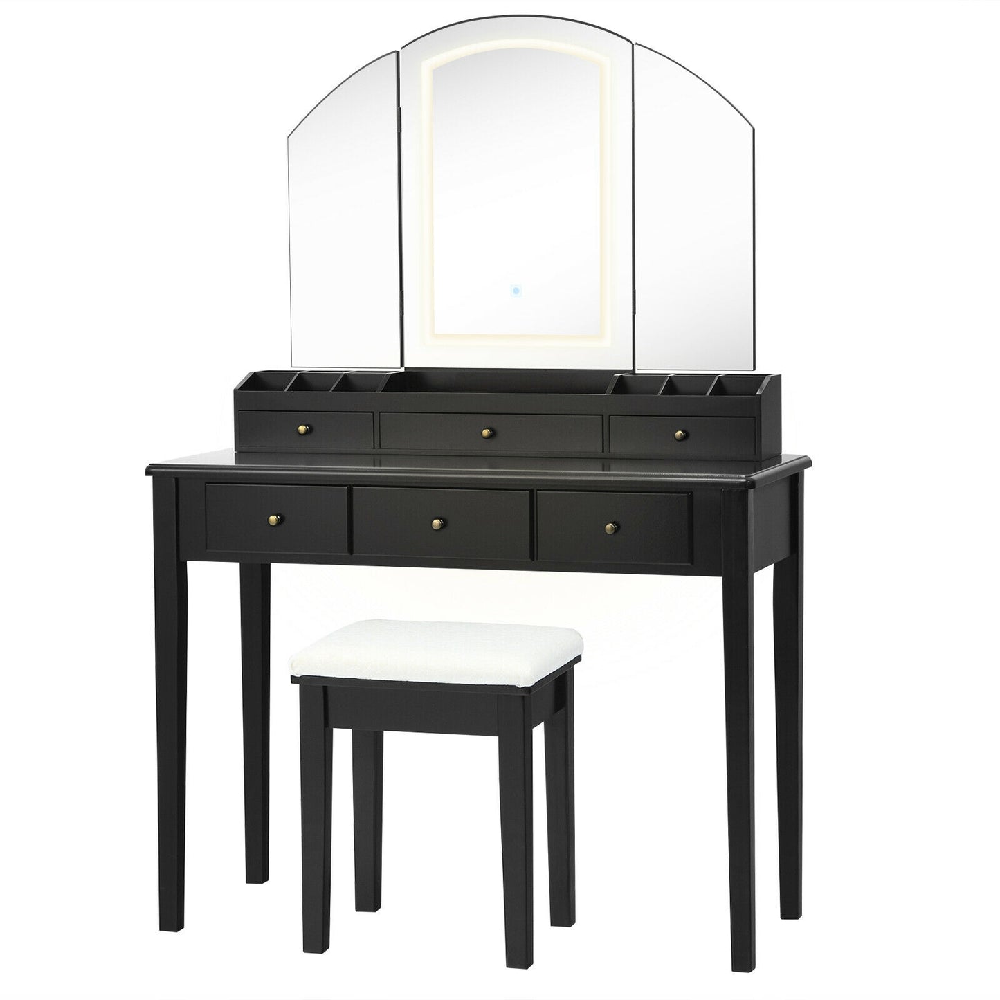 Modern Vanity Table Set with Tri-Fold LED Mirror and Cushioned Stool – Black