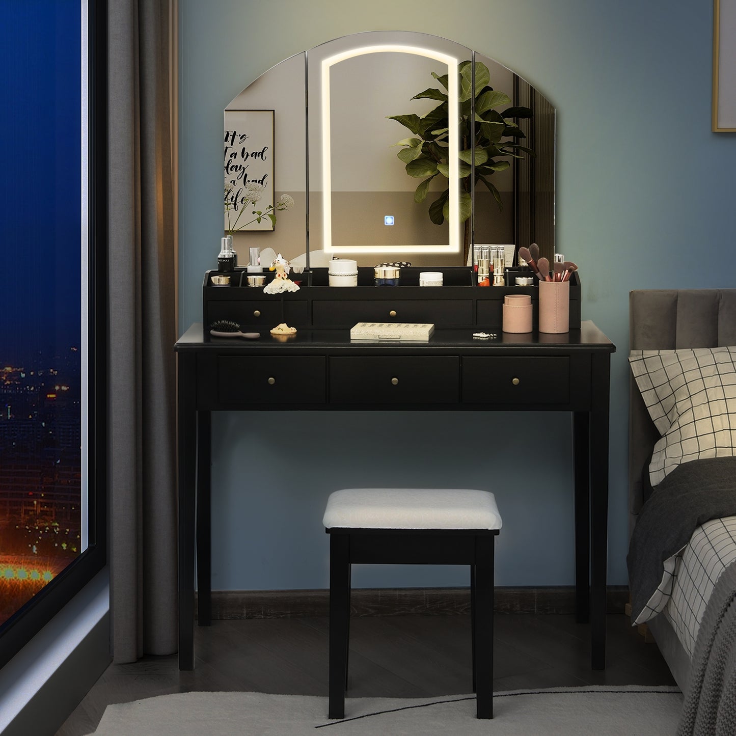 Modern Vanity Table Set with Tri-Fold LED Mirror and Cushioned Stool – Black