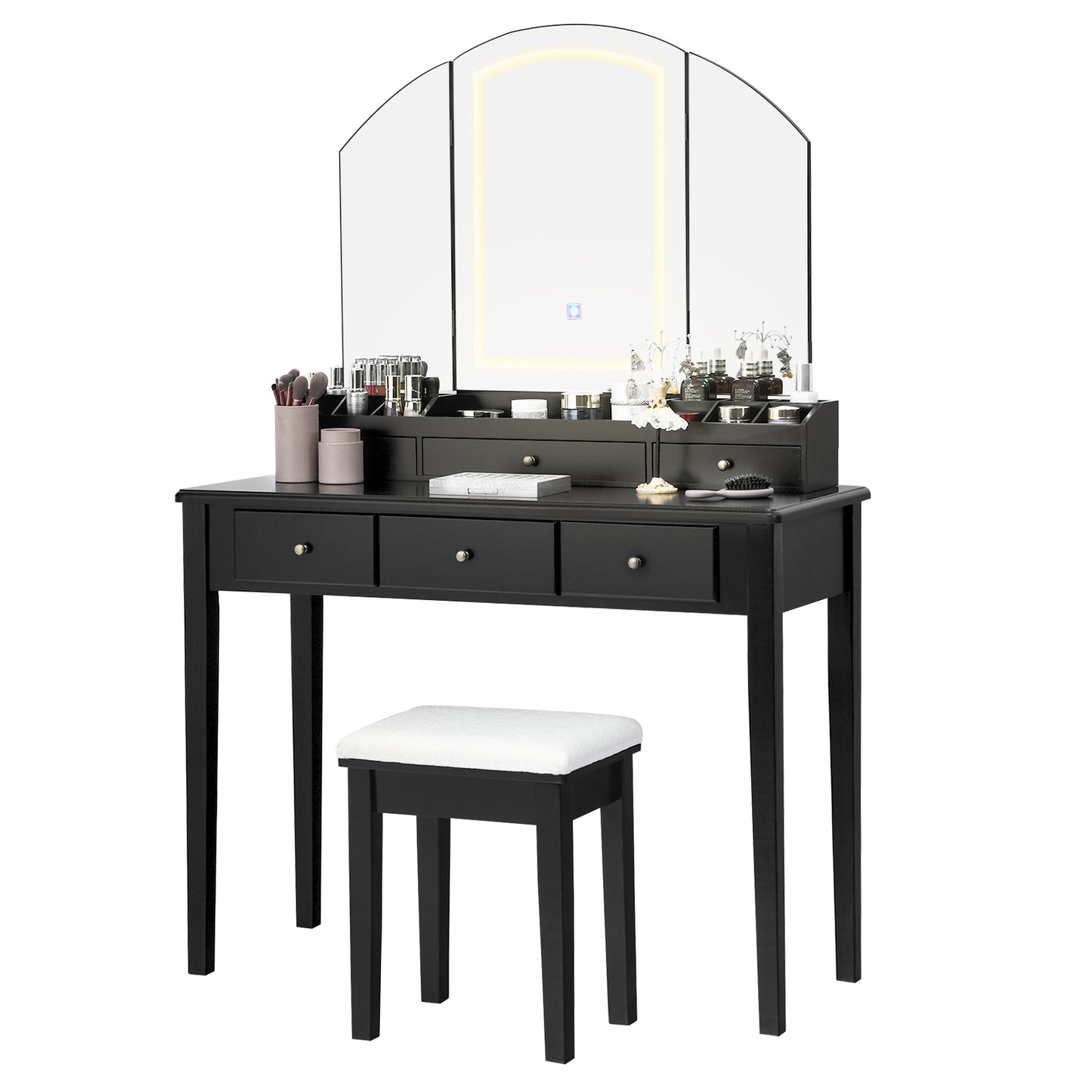Modern Vanity Table Set with Tri-Fold LED Mirror and Cushioned Stool – Black