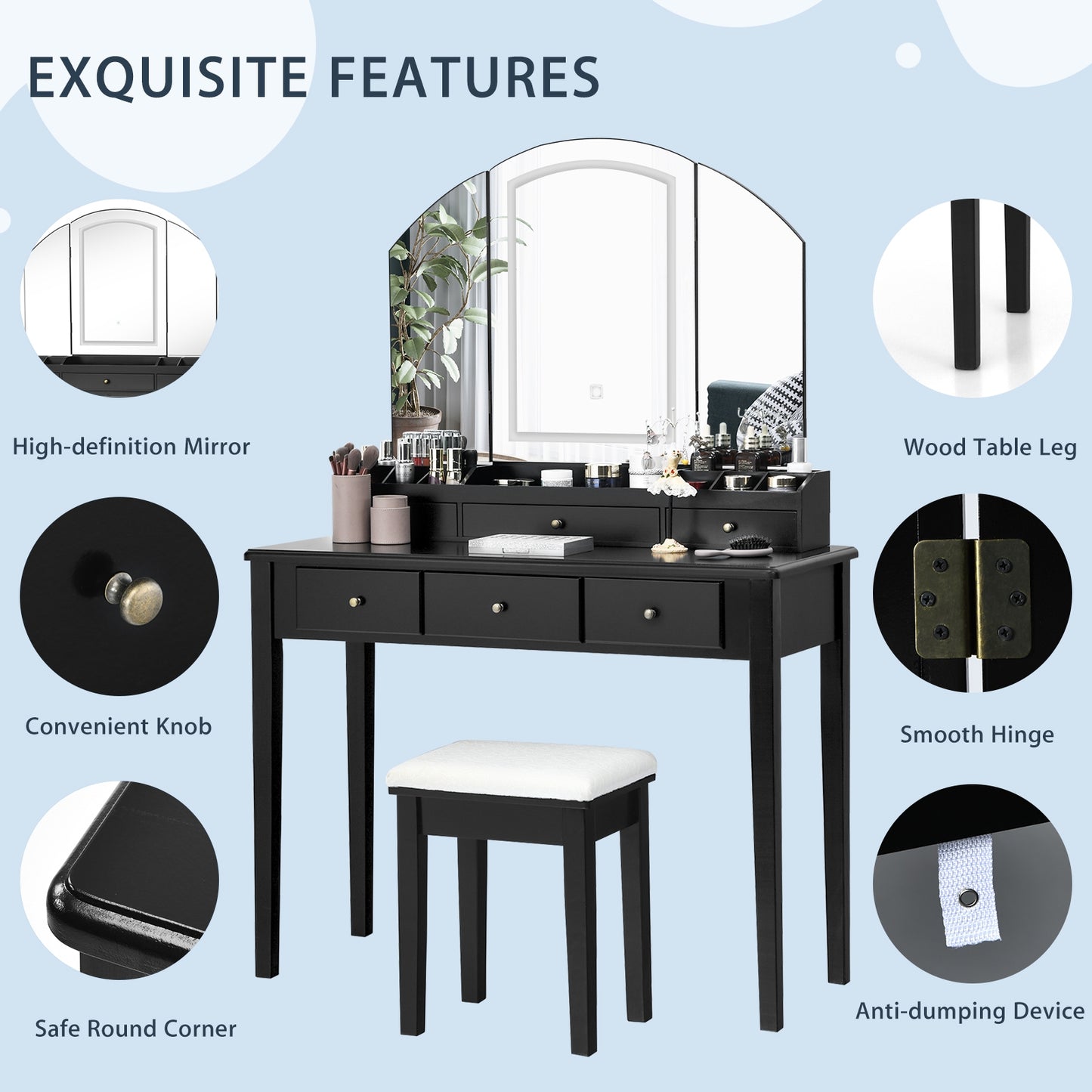 Modern Vanity Table Set with Tri-Fold LED Mirror and Cushioned Stool – Black