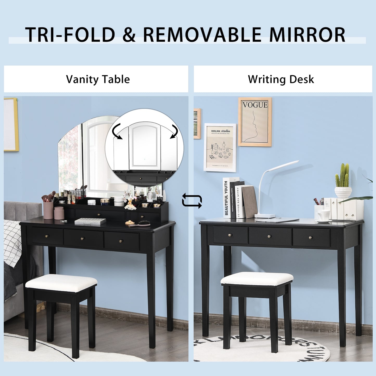 Modern Vanity Table Set with Tri-Fold LED Mirror and Cushioned Stool – Black