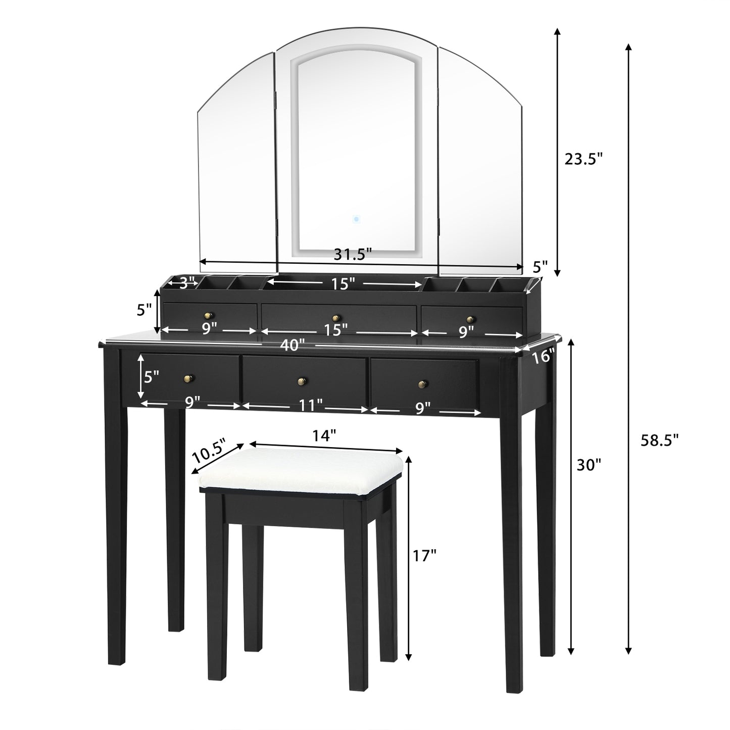 Modern Vanity Table Set with Tri-Fold LED Mirror and Cushioned Stool – Black