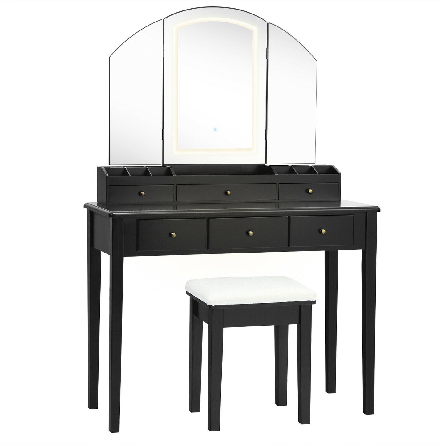 Modern Vanity Table Set with Tri-Fold LED Mirror and Cushioned Stool – Black
