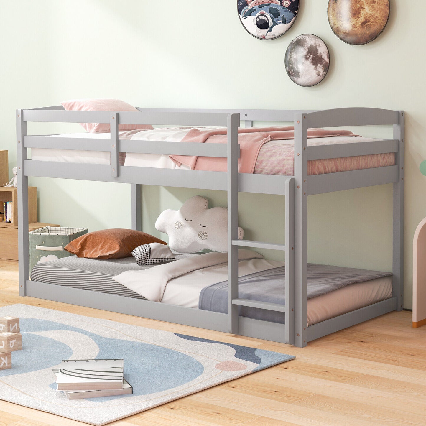 Sturdy Twin Size Bunk Bed with High Safety Guardrails and Integrated Ladder - Grey