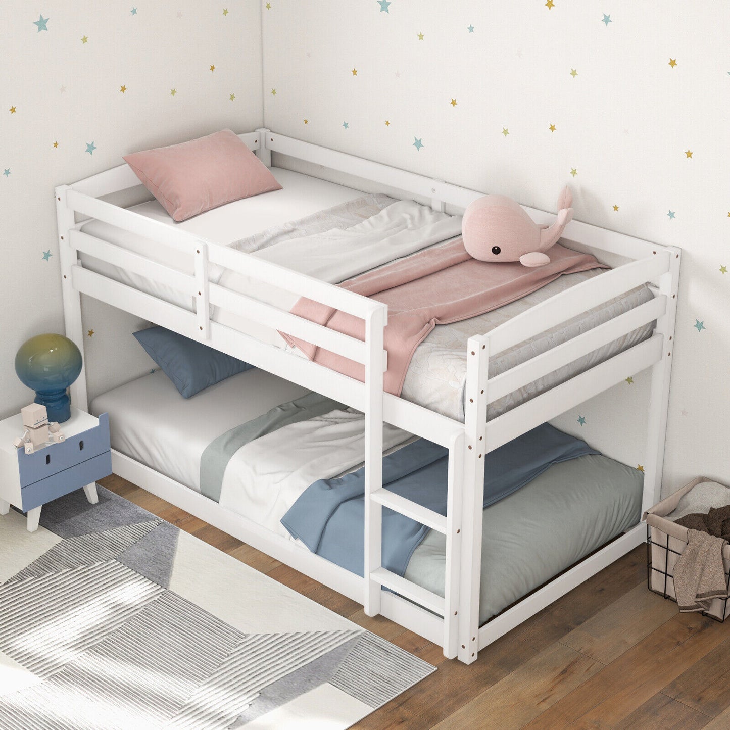 Sturdy Twin Size Bunk Bed with High Safety Guardrails and Integrated Ladder - White