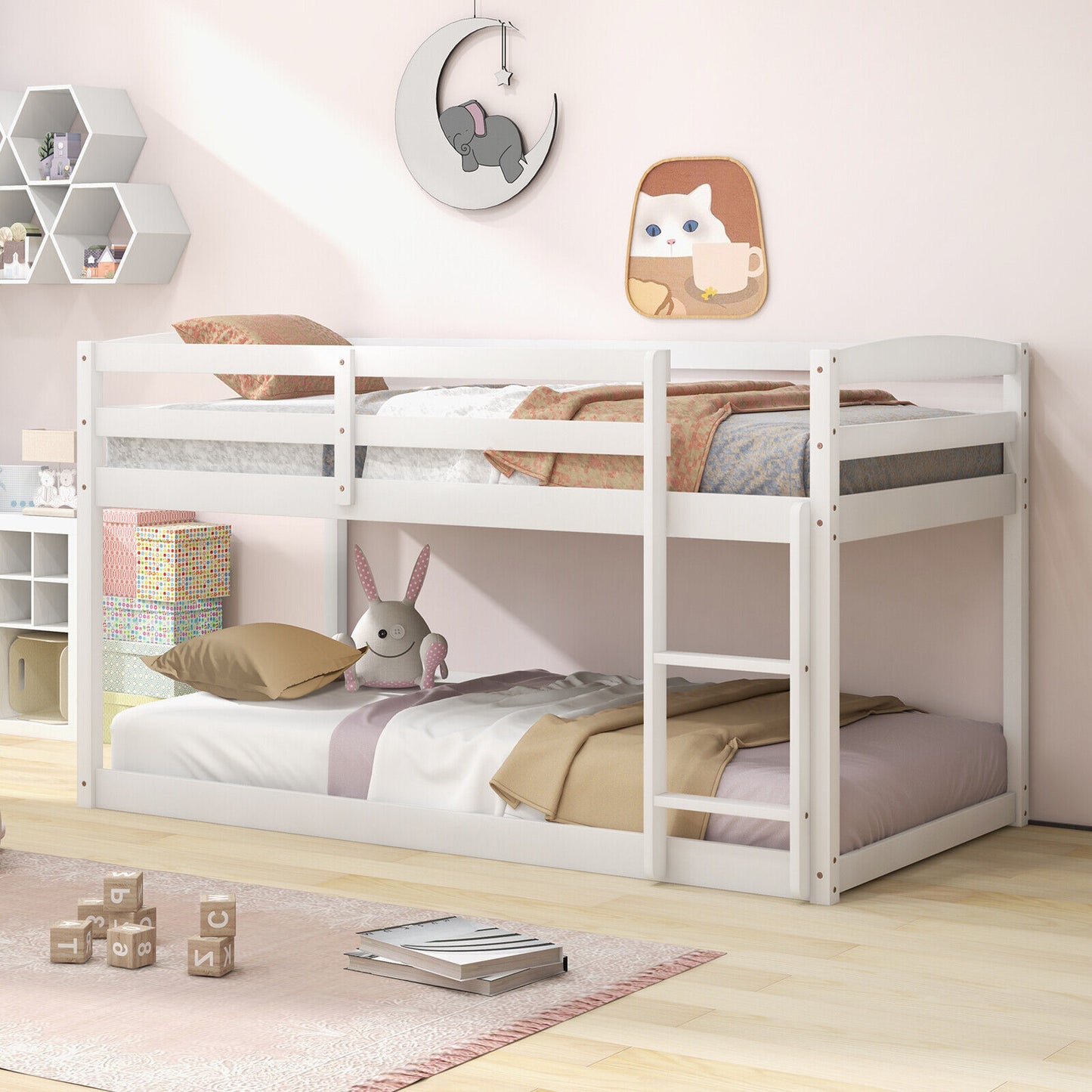 Sturdy Twin Size Bunk Bed with High Safety Guardrails and Integrated Ladder - White