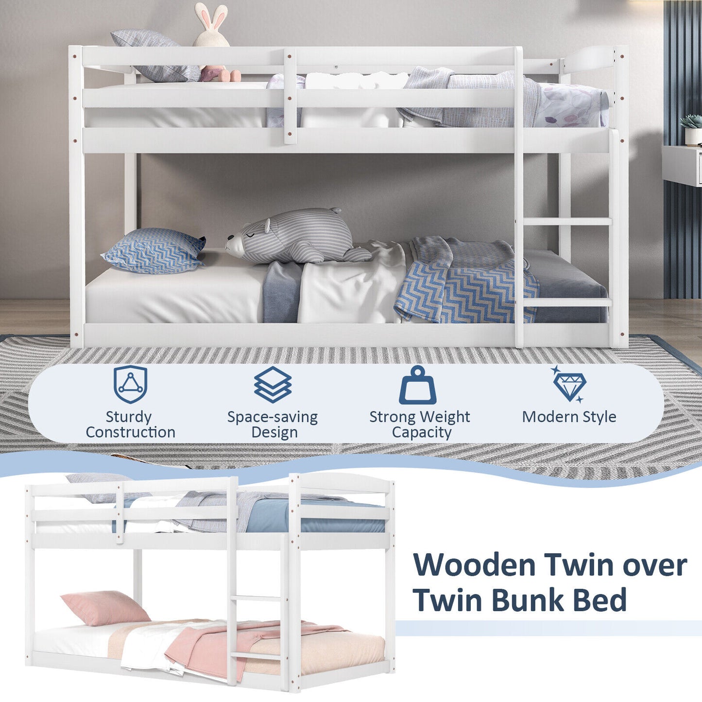 Sturdy Twin Size Bunk Bed with High Safety Guardrails and Integrated Ladder - White