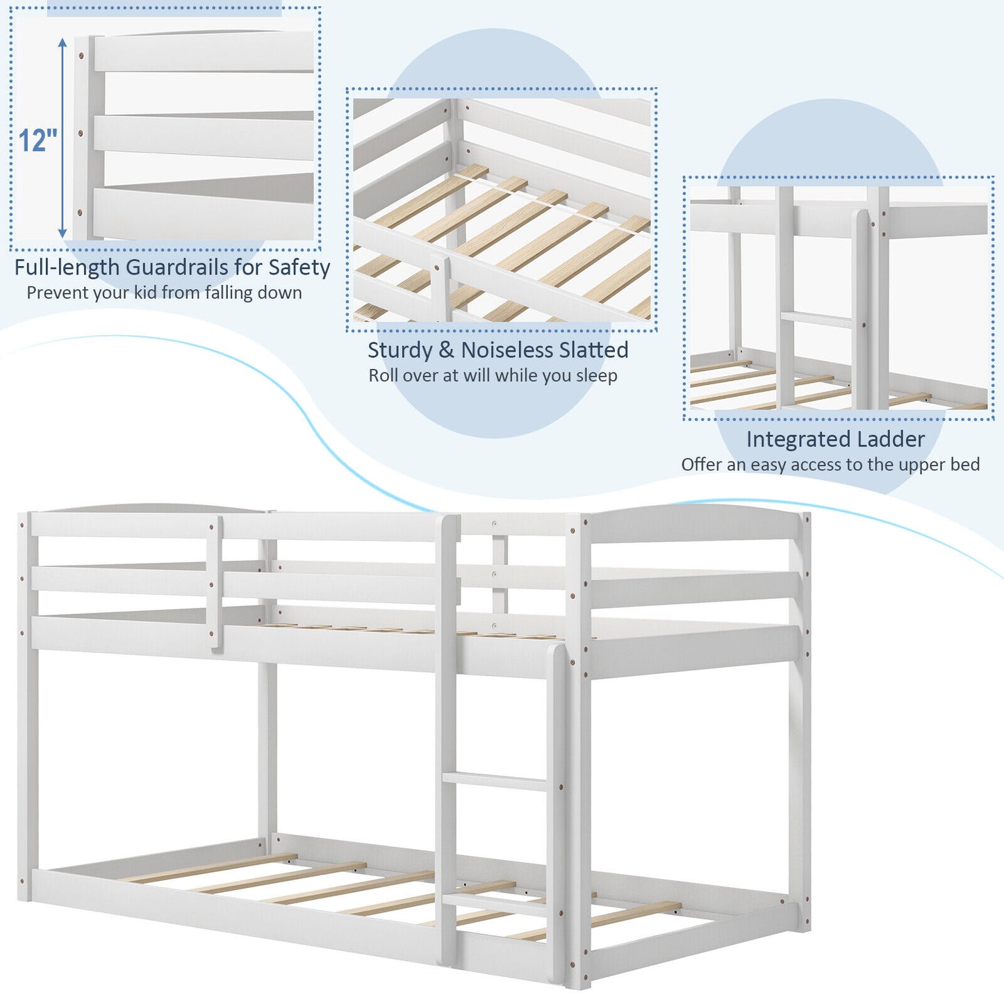 Sturdy Twin Size Bunk Bed with High Safety Guardrails and Integrated Ladder - White
