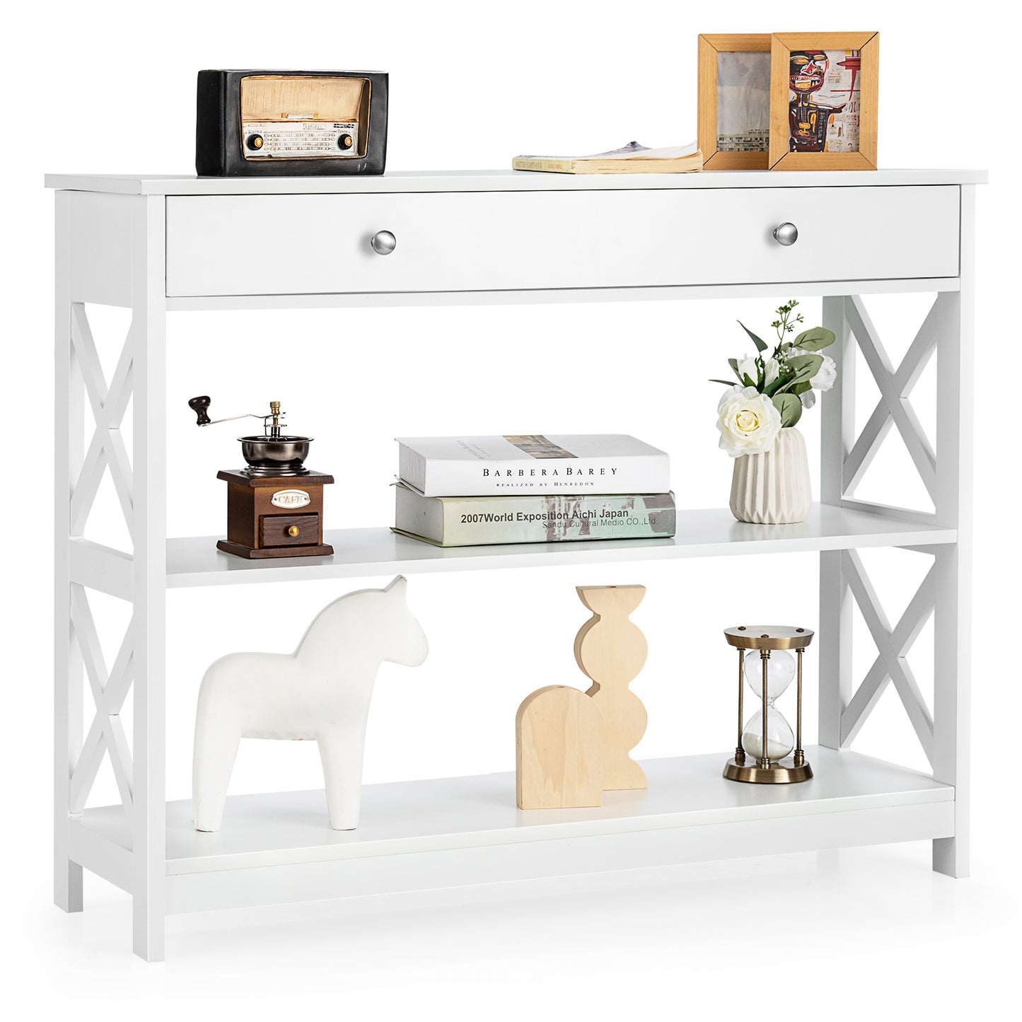 3 Tier Console Table with Drawer and Storage Shelves in White