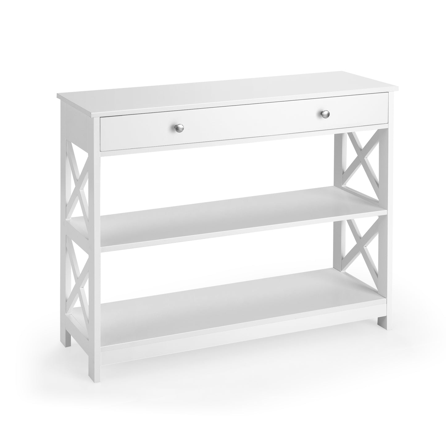 3 Tier Console Table with Drawer and Storage Shelves in White