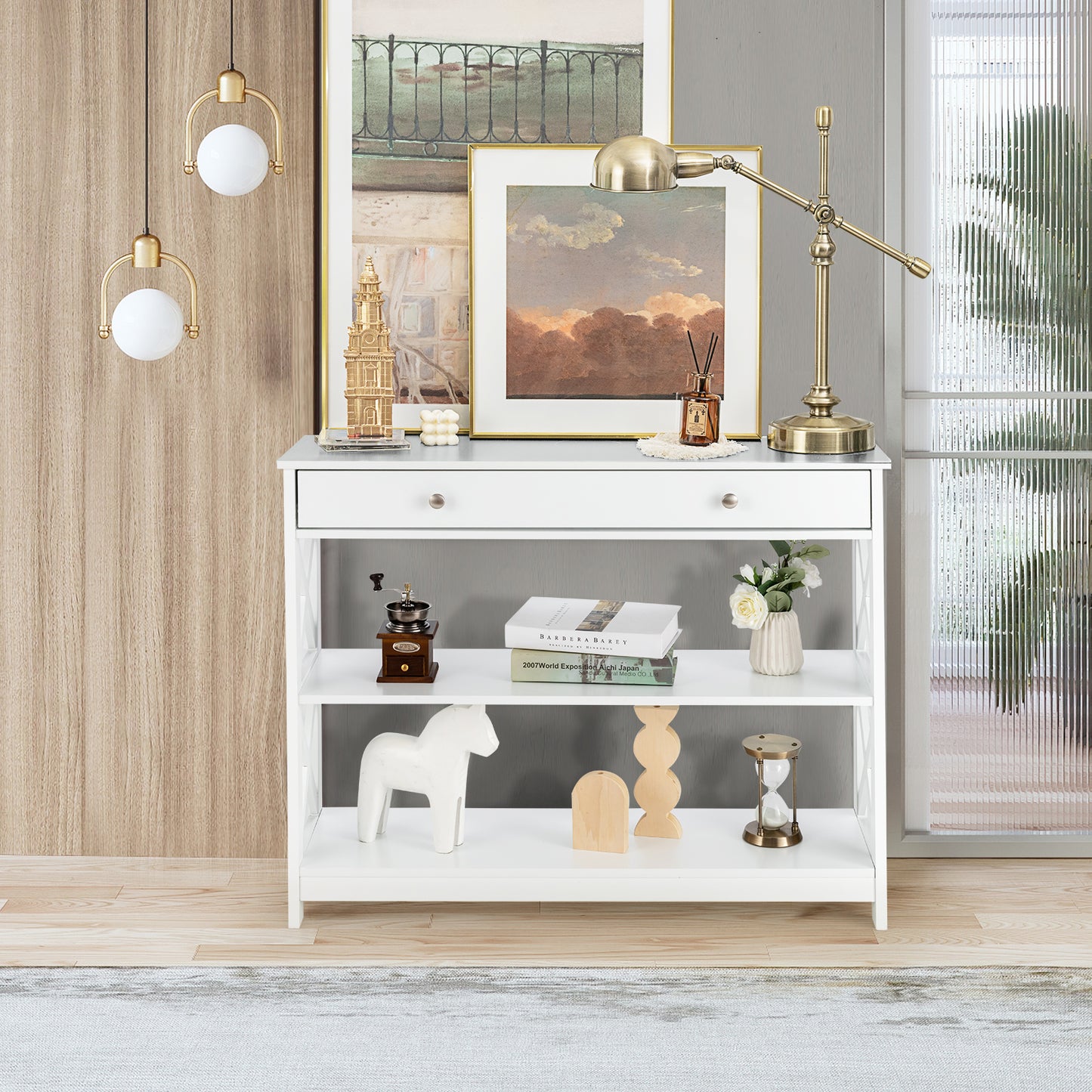 3 Tier Console Table with Drawer and Storage Shelves in White