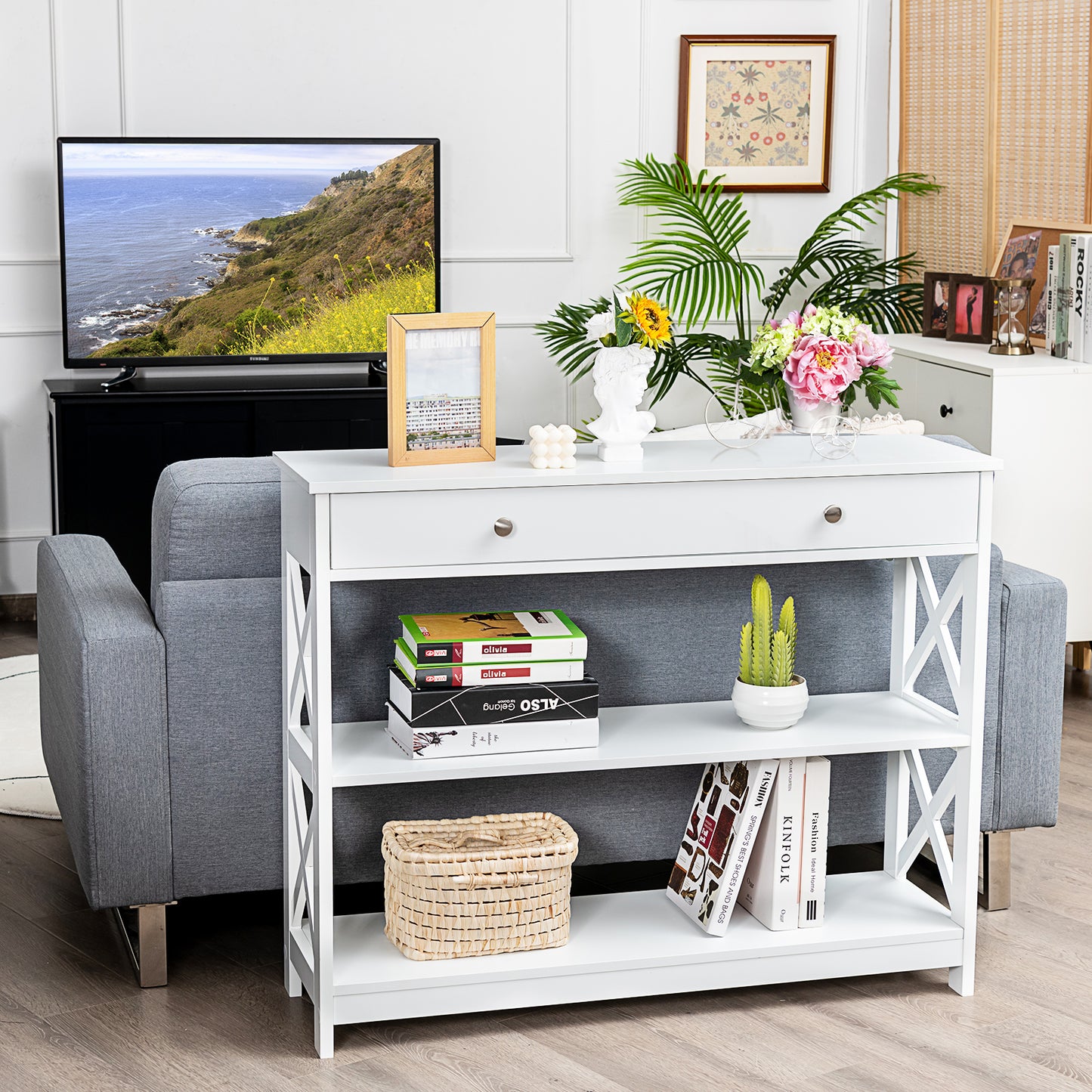 3 Tier Console Table with Drawer and Storage Shelves in White