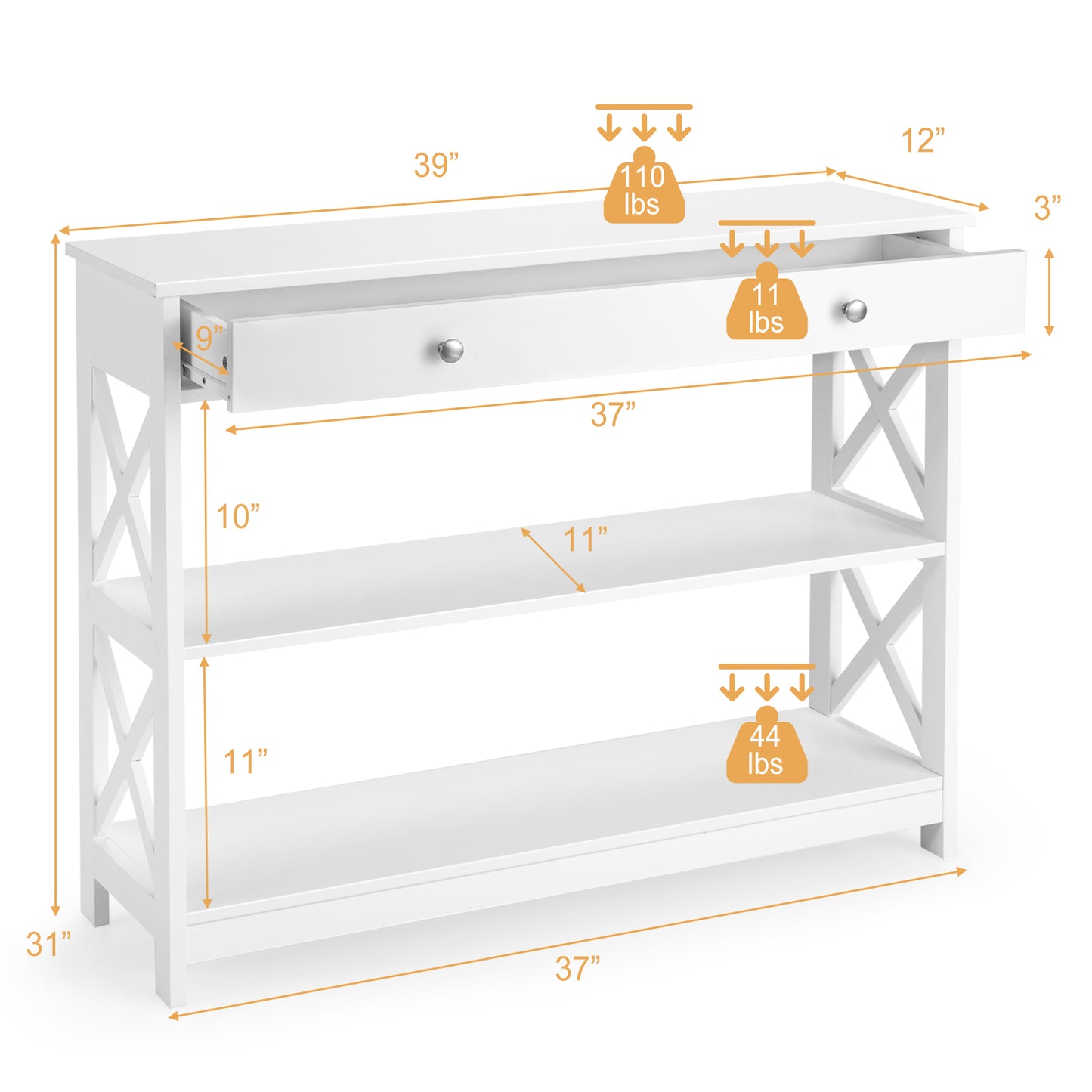 3 Tier Console Table with Drawer and Storage Shelves in White