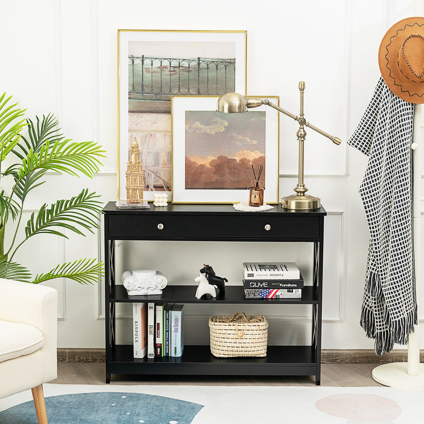 3 Tier Console Table with Drawer and Storage Shelves in Black
