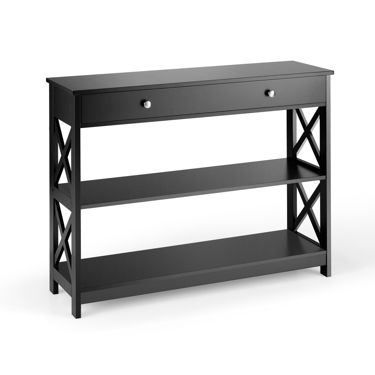 3 Tier Console Table with Drawer and Storage Shelves in Black
