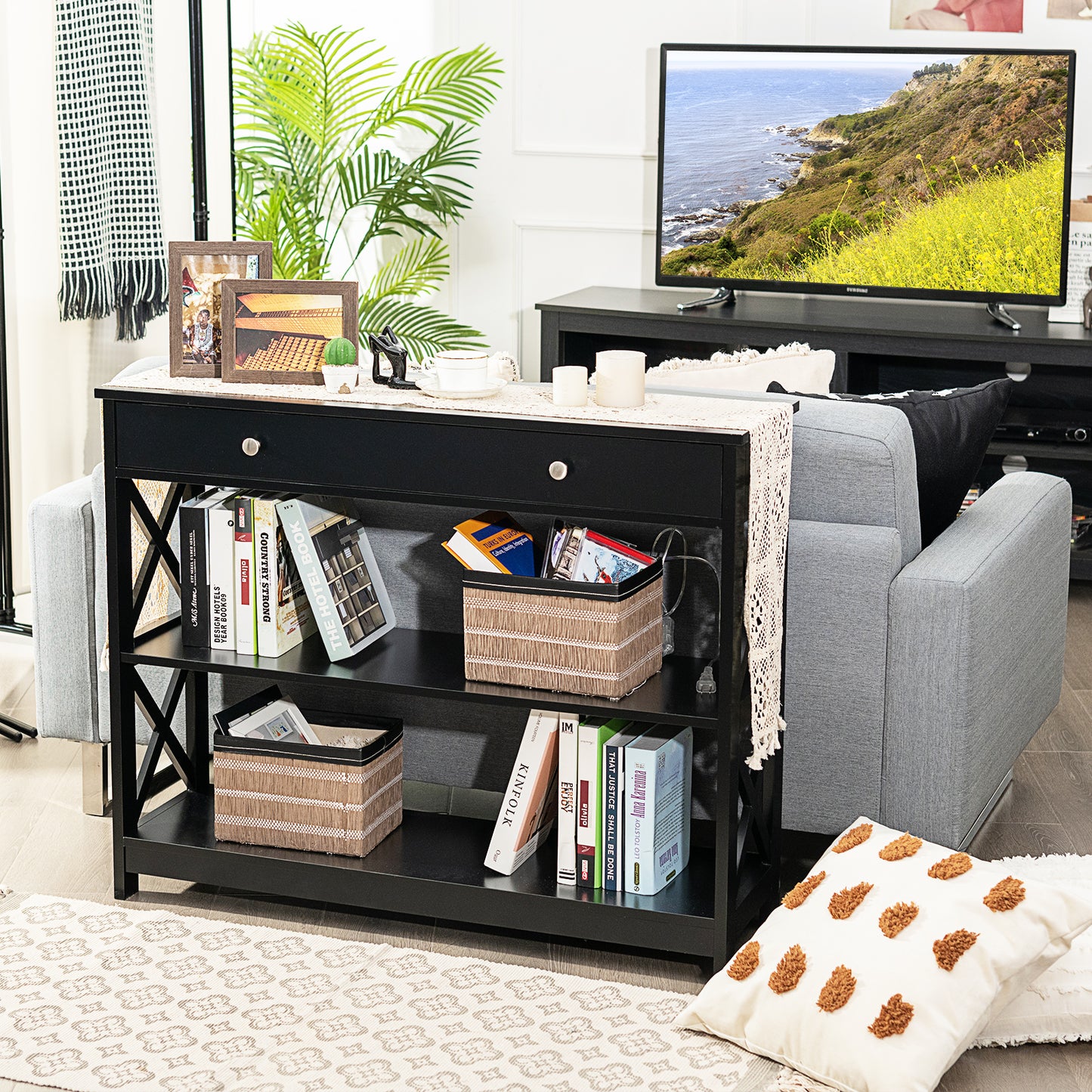 3 Tier Console Table with Drawer and Storage Shelves in Black