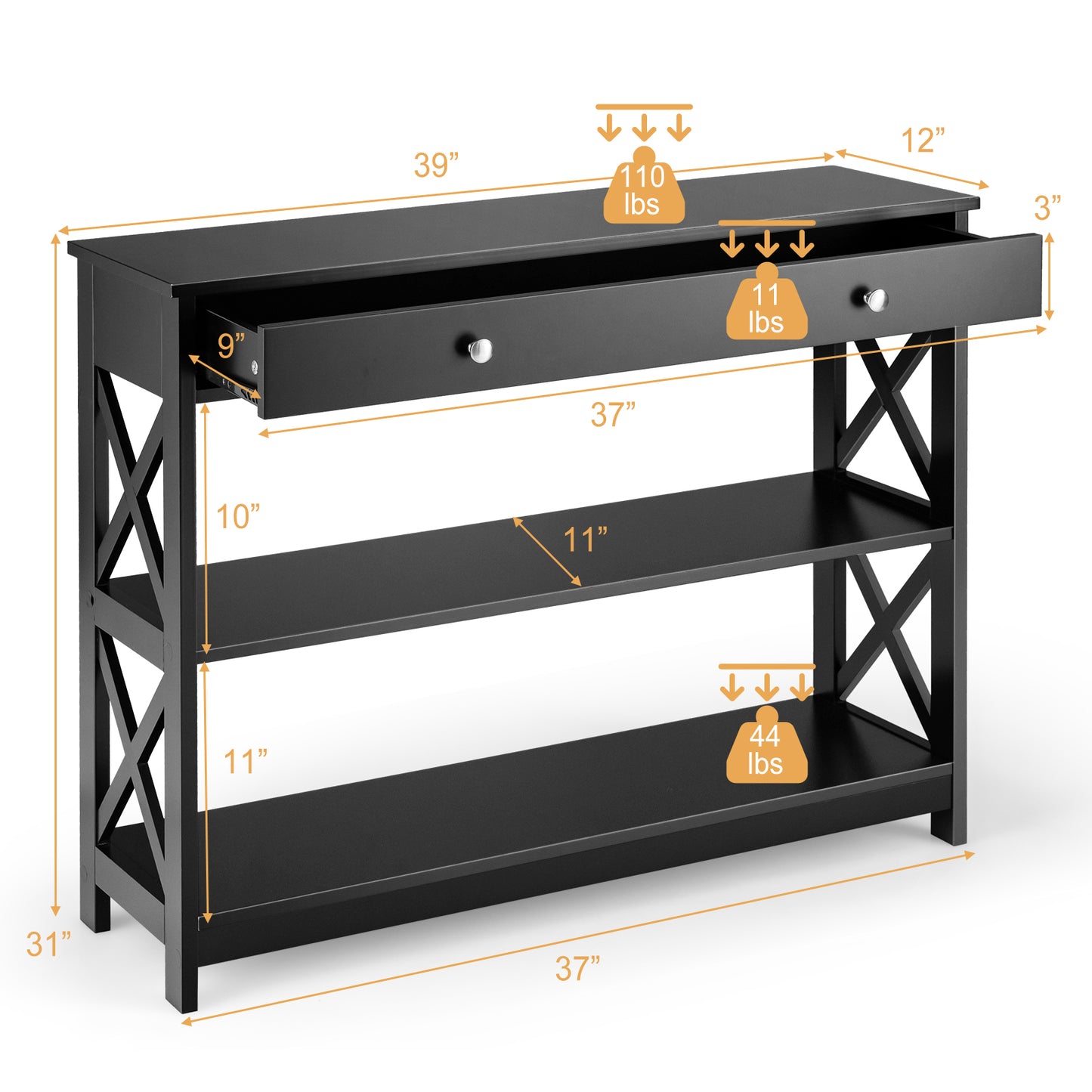 3 Tier Console Table with Drawer and Storage Shelves in Black