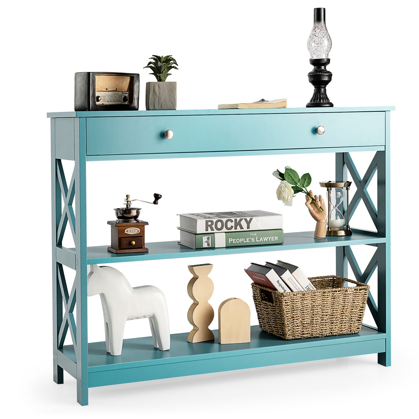 3 Tier Console Table with Drawer and Storage Shelves in Turquoise