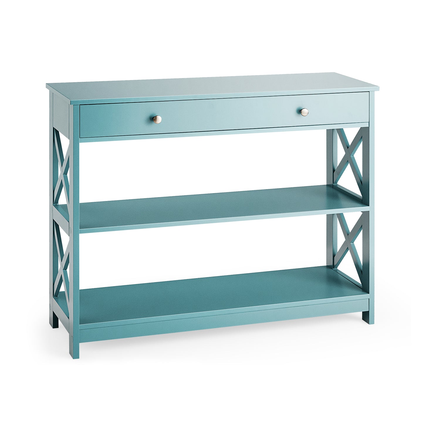3 Tier Console Table with Drawer and Storage Shelves in Turquoise