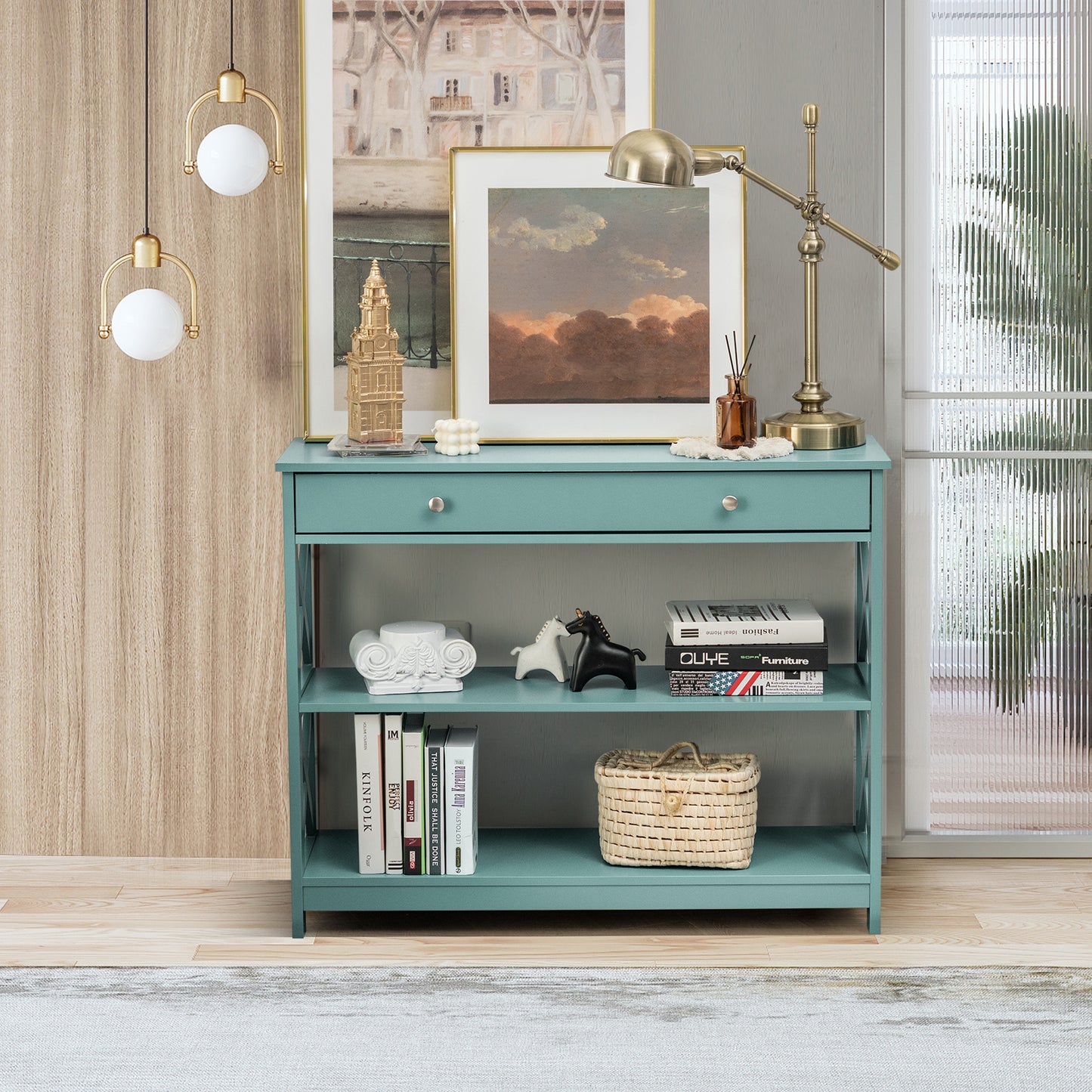 3 Tier Console Table with Drawer and Storage Shelves in Turquoise