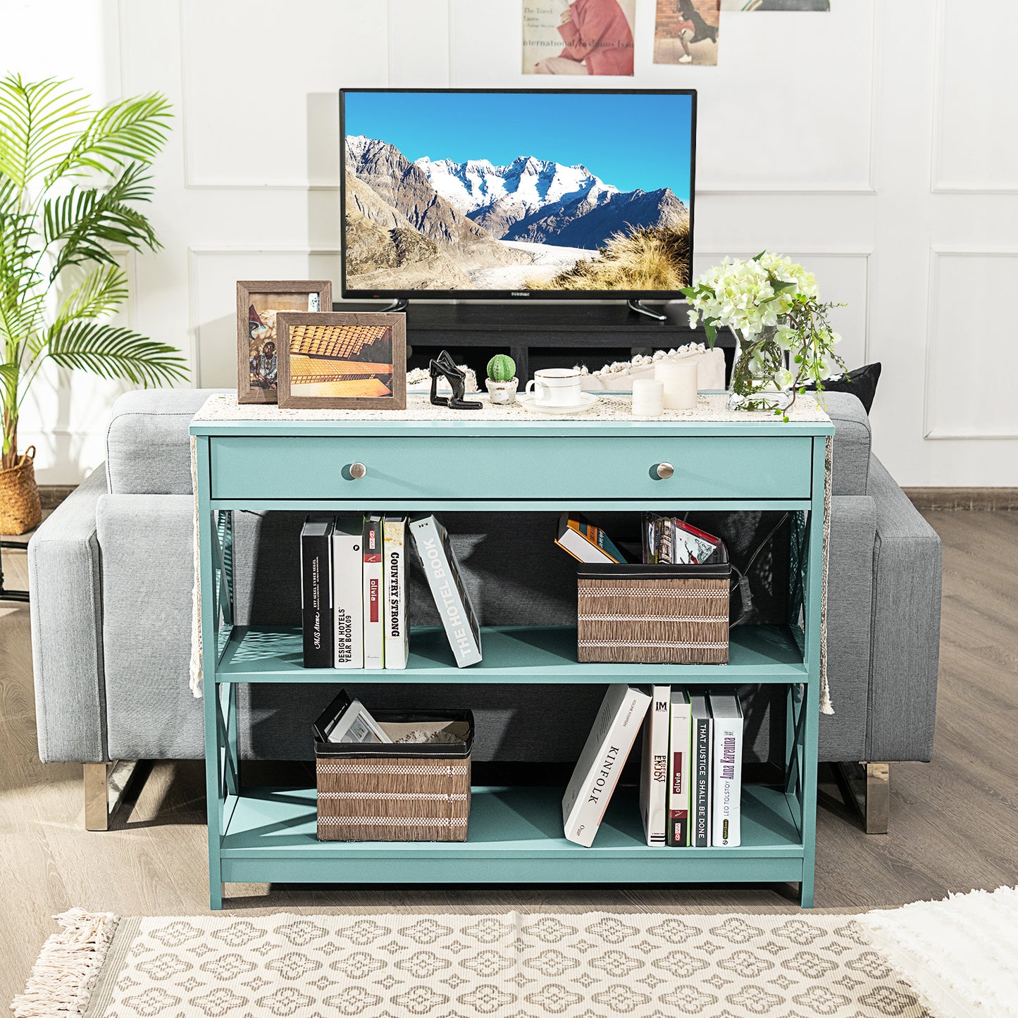 3 Tier Console Table with Drawer and Storage Shelves in Turquoise