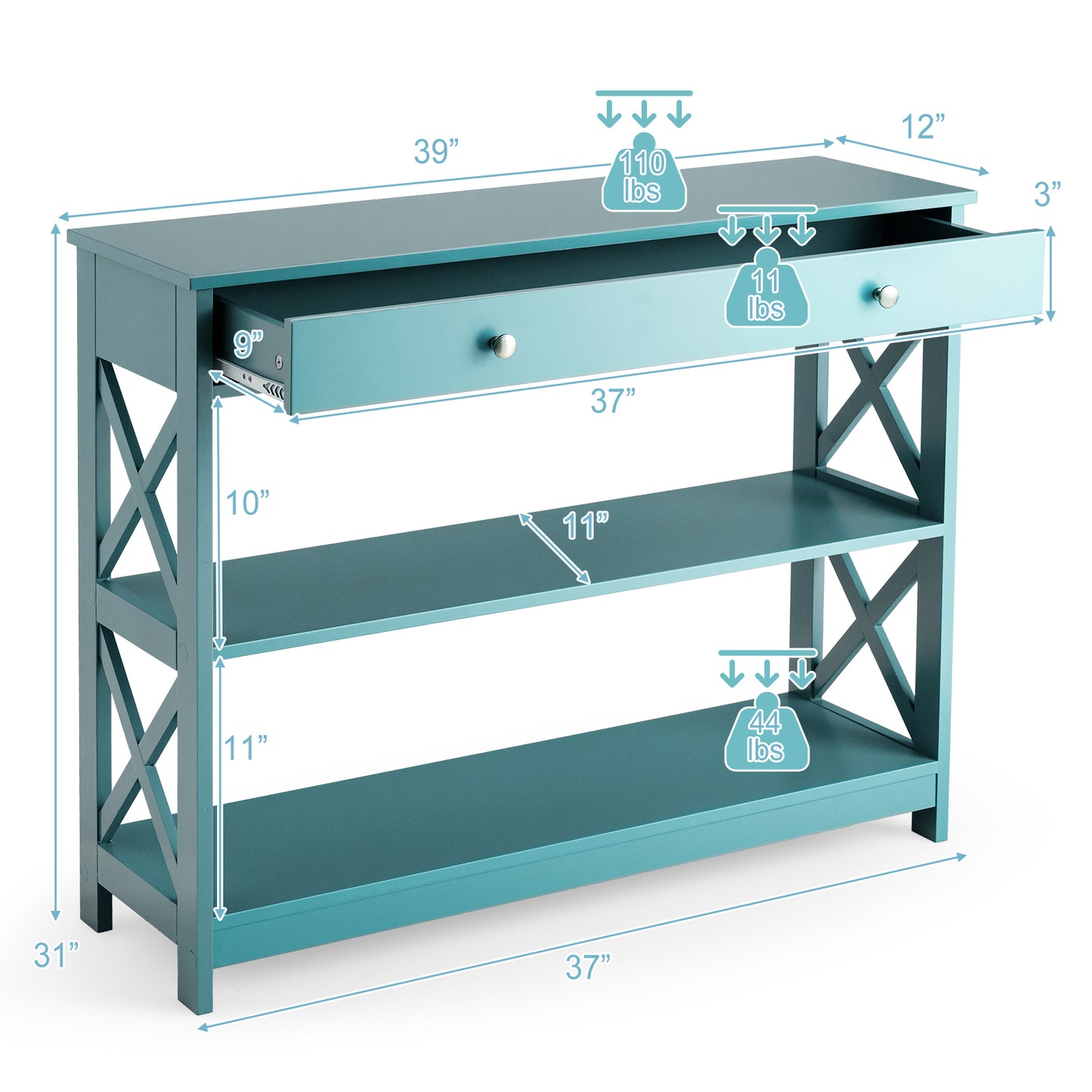 3 Tier Console Table with Drawer and Storage Shelves in Turquoise