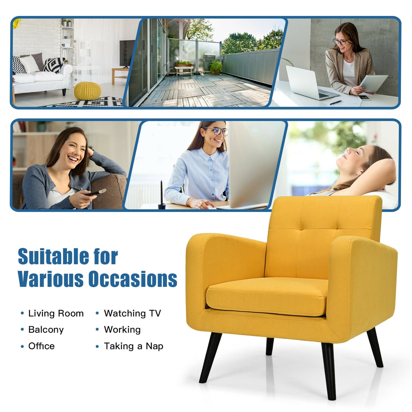 Contemporary Single Sofa Chair with Cushioned Seat and Wood Frame - Yellow