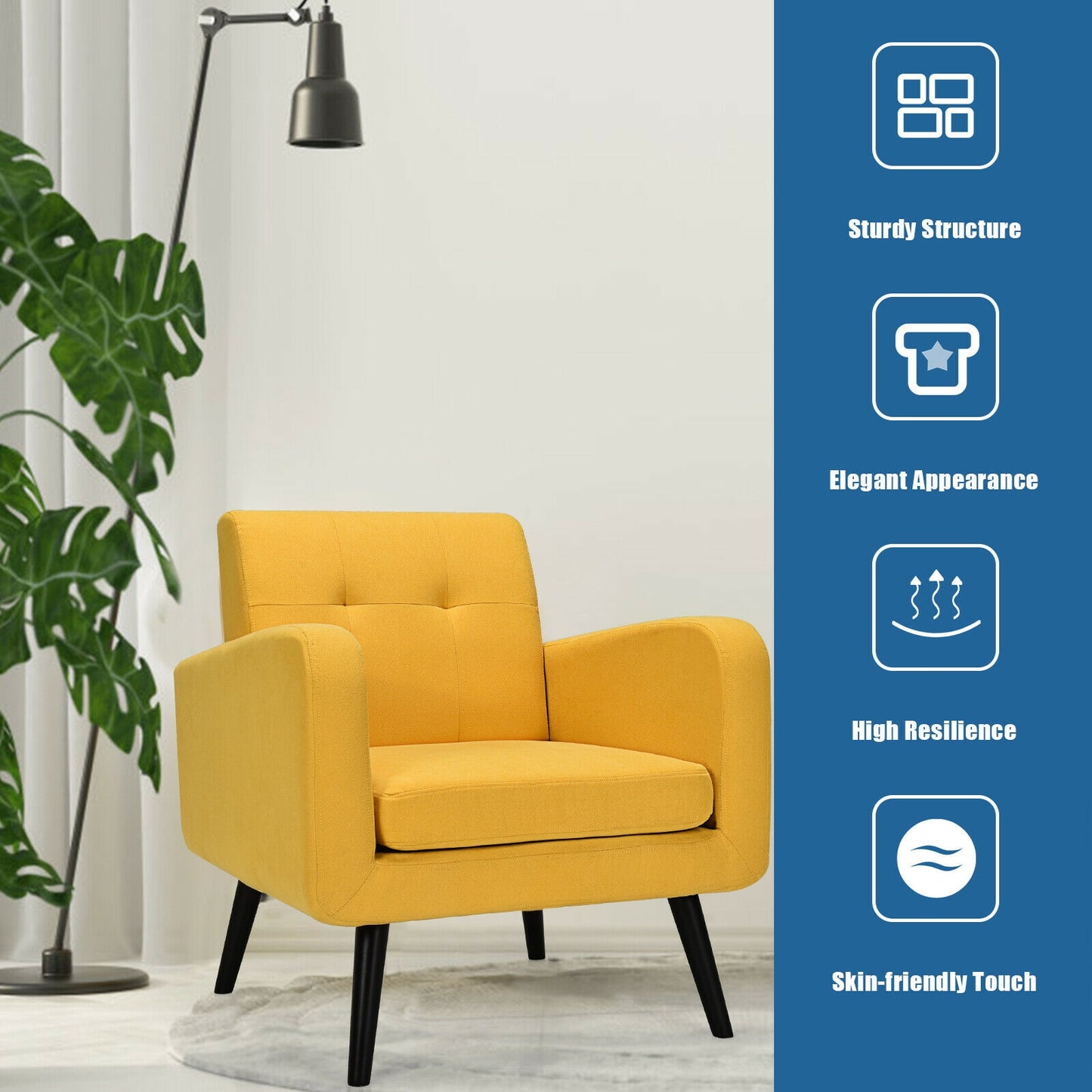 Contemporary Single Sofa Chair with Cushioned Seat and Wood Frame - Yellow