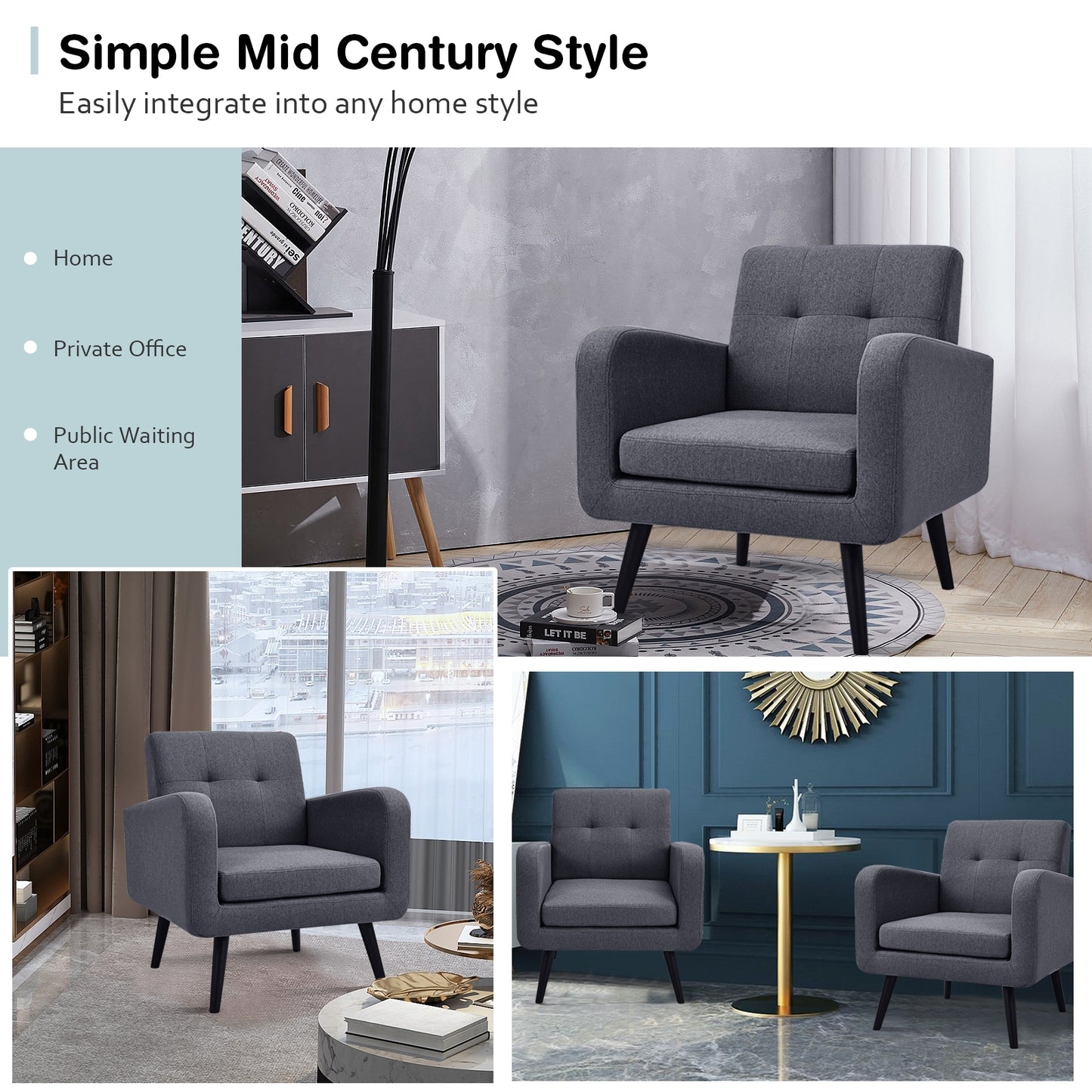 Contemporary Single Sofa Chair with Cushioned Seat and Wood Frame - Grey