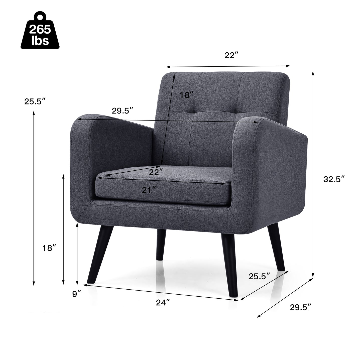 Contemporary Single Sofa Chair with Cushioned Seat and Wood Frame - Grey