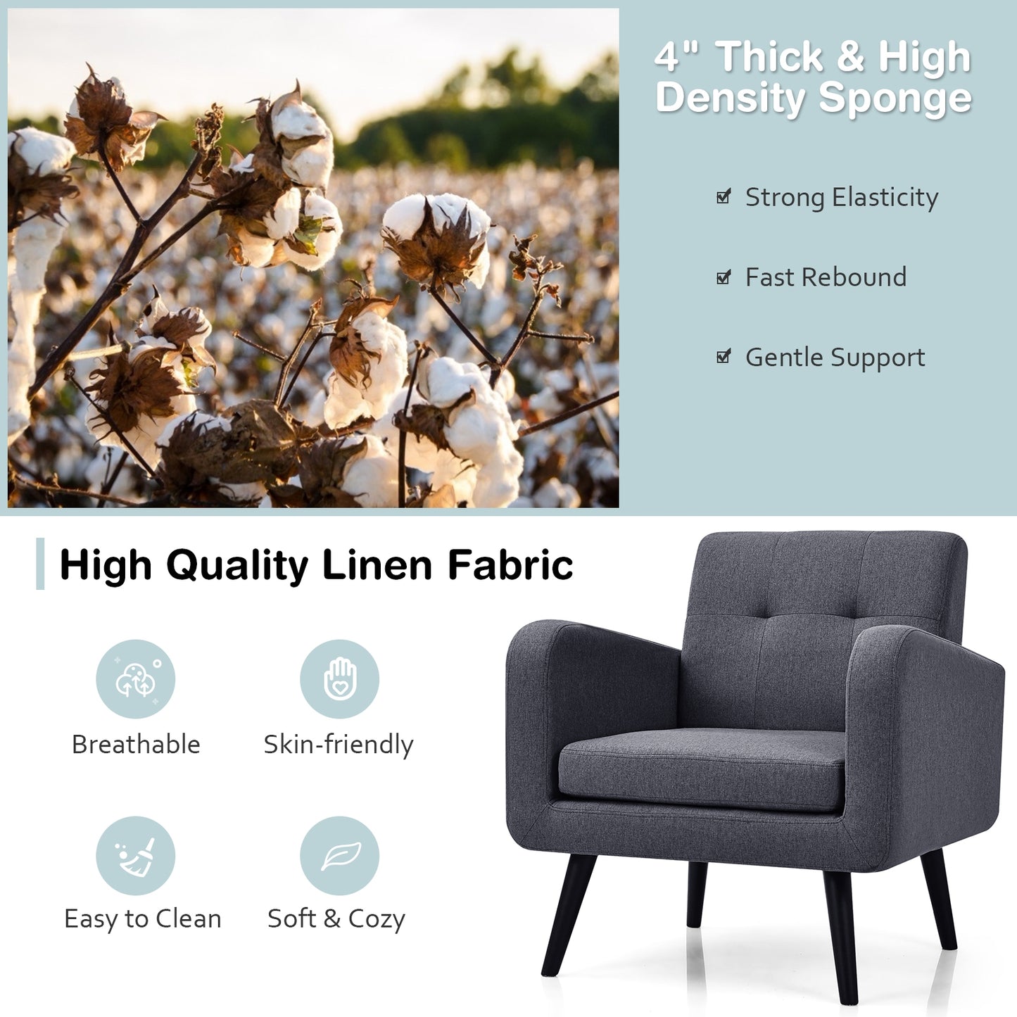 Contemporary Single Sofa Chair with Cushioned Seat and Wood Frame - Grey