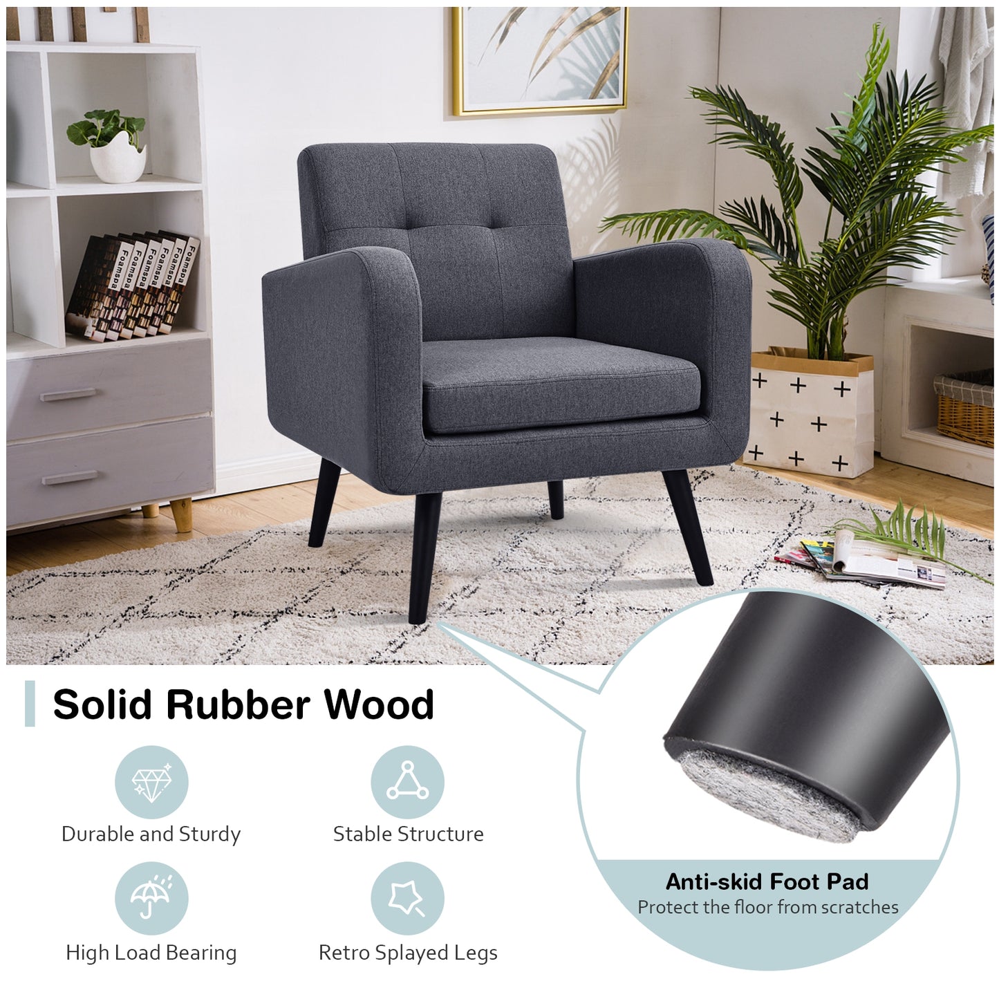 Contemporary Single Sofa Chair with Cushioned Seat and Wood Frame - Grey