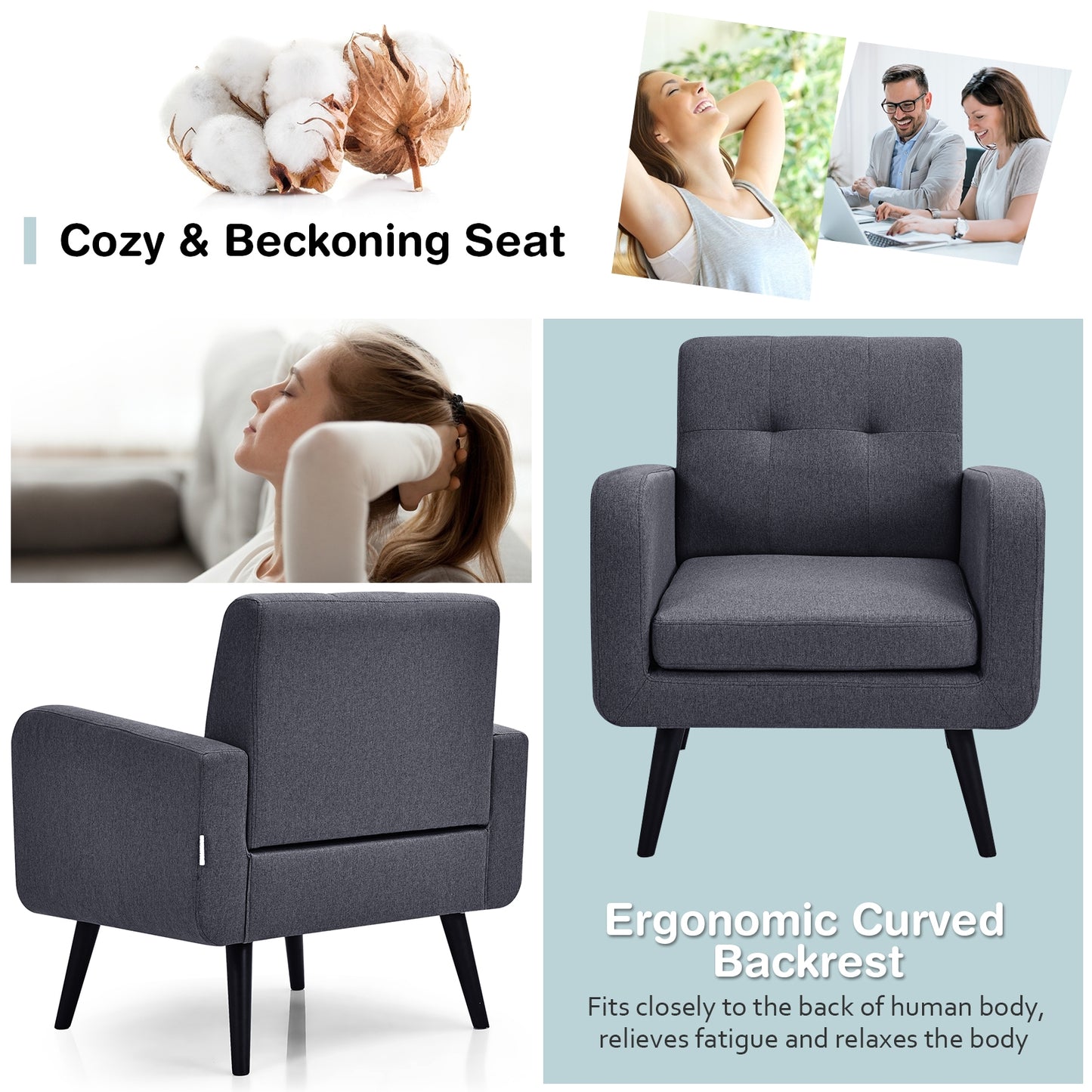 Contemporary Single Sofa Chair with Cushioned Seat and Wood Frame - Grey