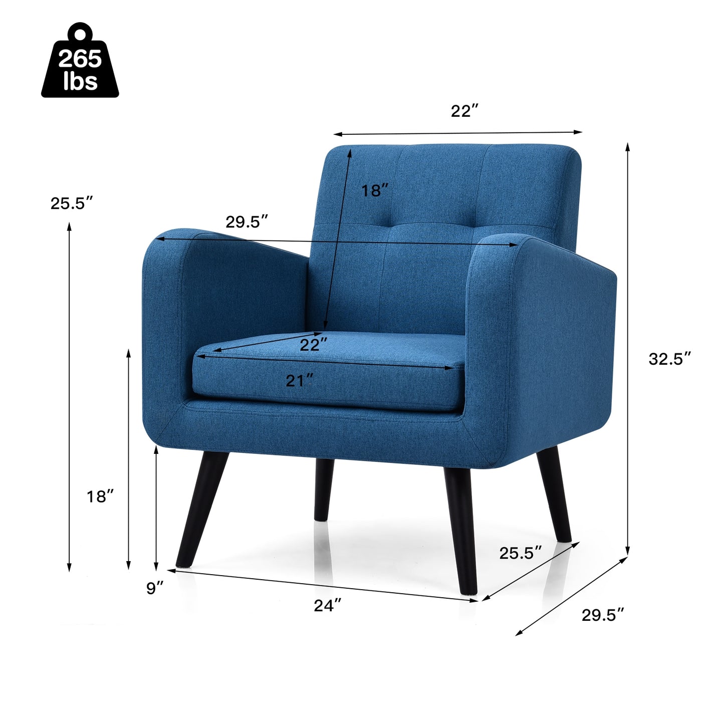 Contemporary Single Sofa Chair with Cushioned Seat and Wood Frame - Navy