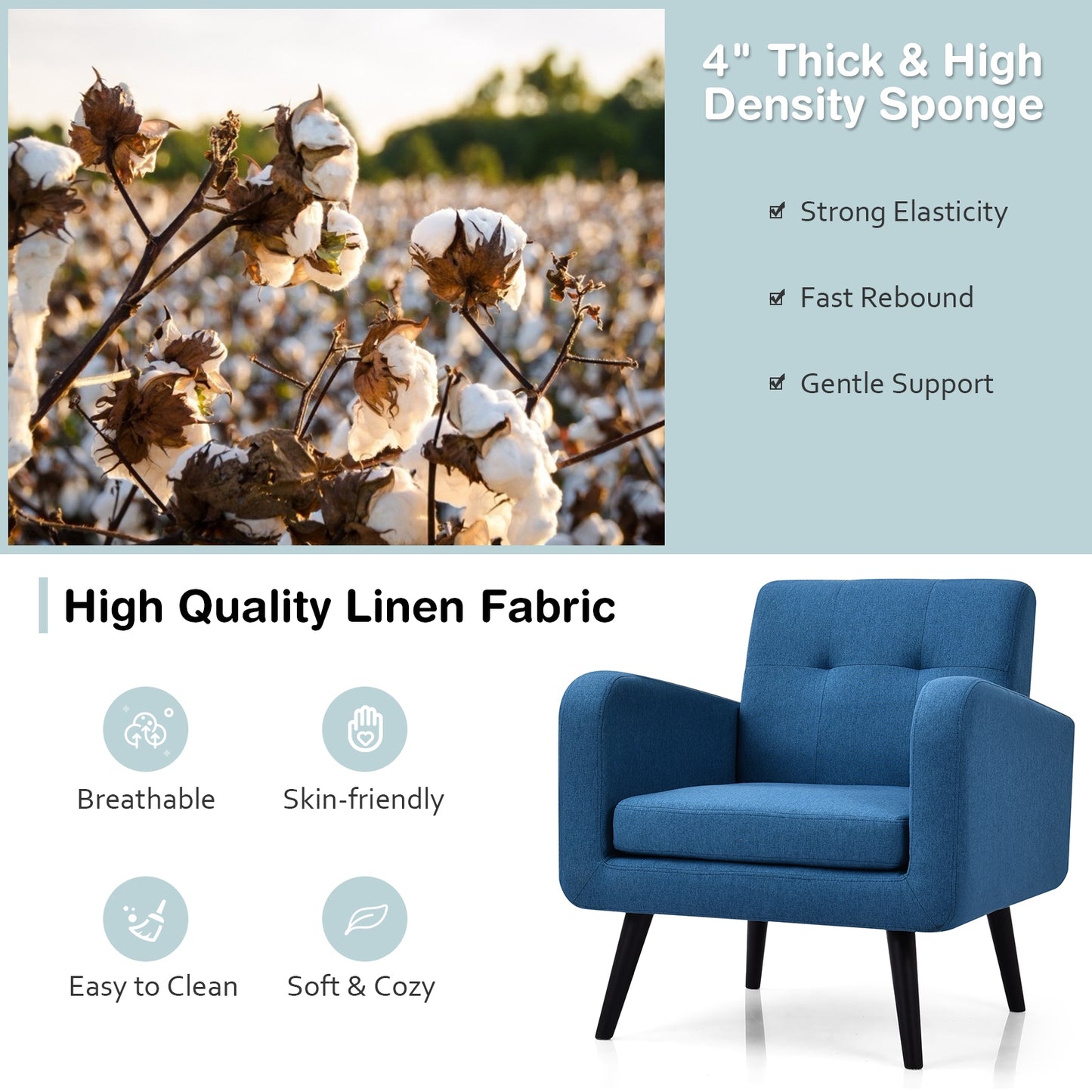 Contemporary Single Sofa Chair with Cushioned Seat and Wood Frame - Navy