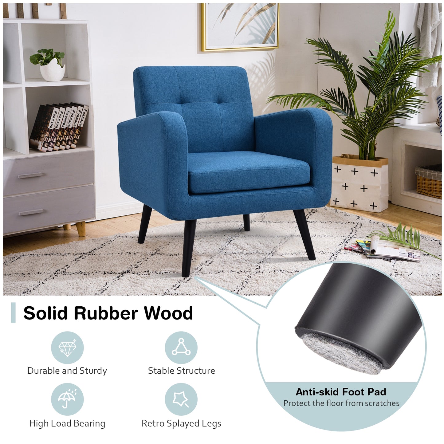 Contemporary Single Sofa Chair with Cushioned Seat and Wood Frame - Navy