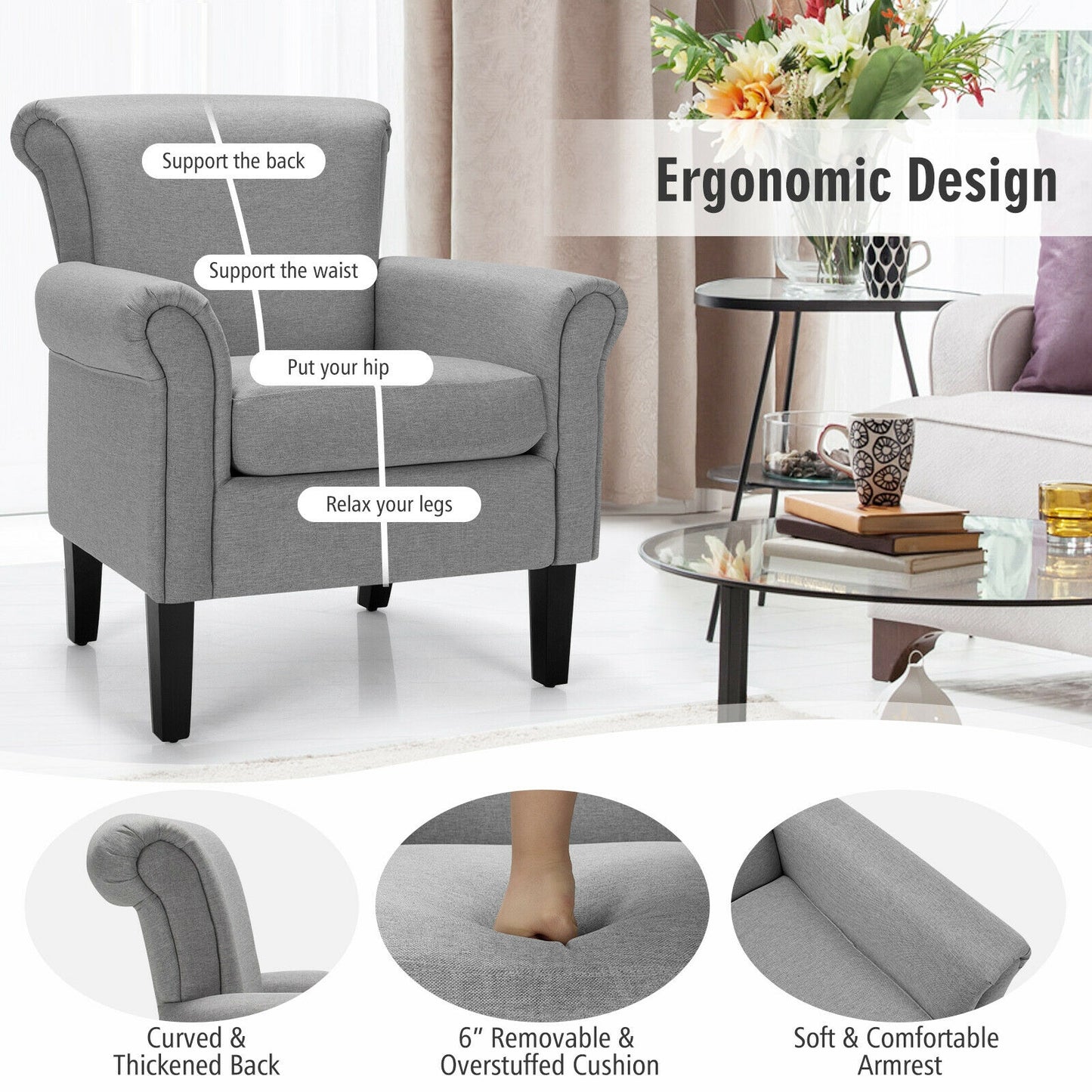Comfort Accent Chair with Wide Seat and Adjustable Foot Pads - Light Grey