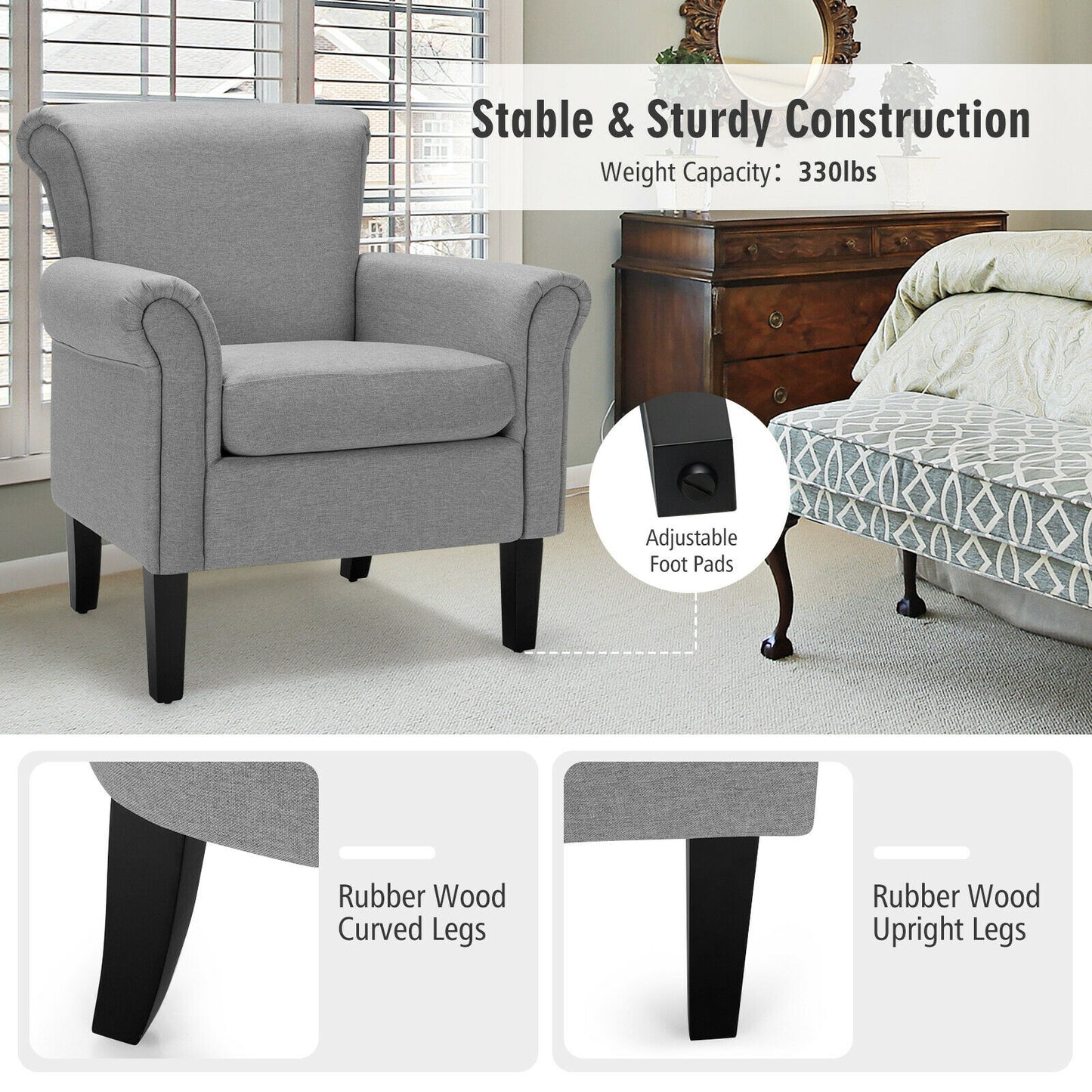 Comfort Accent Chair with Wide Seat and Adjustable Foot Pads - Light Grey