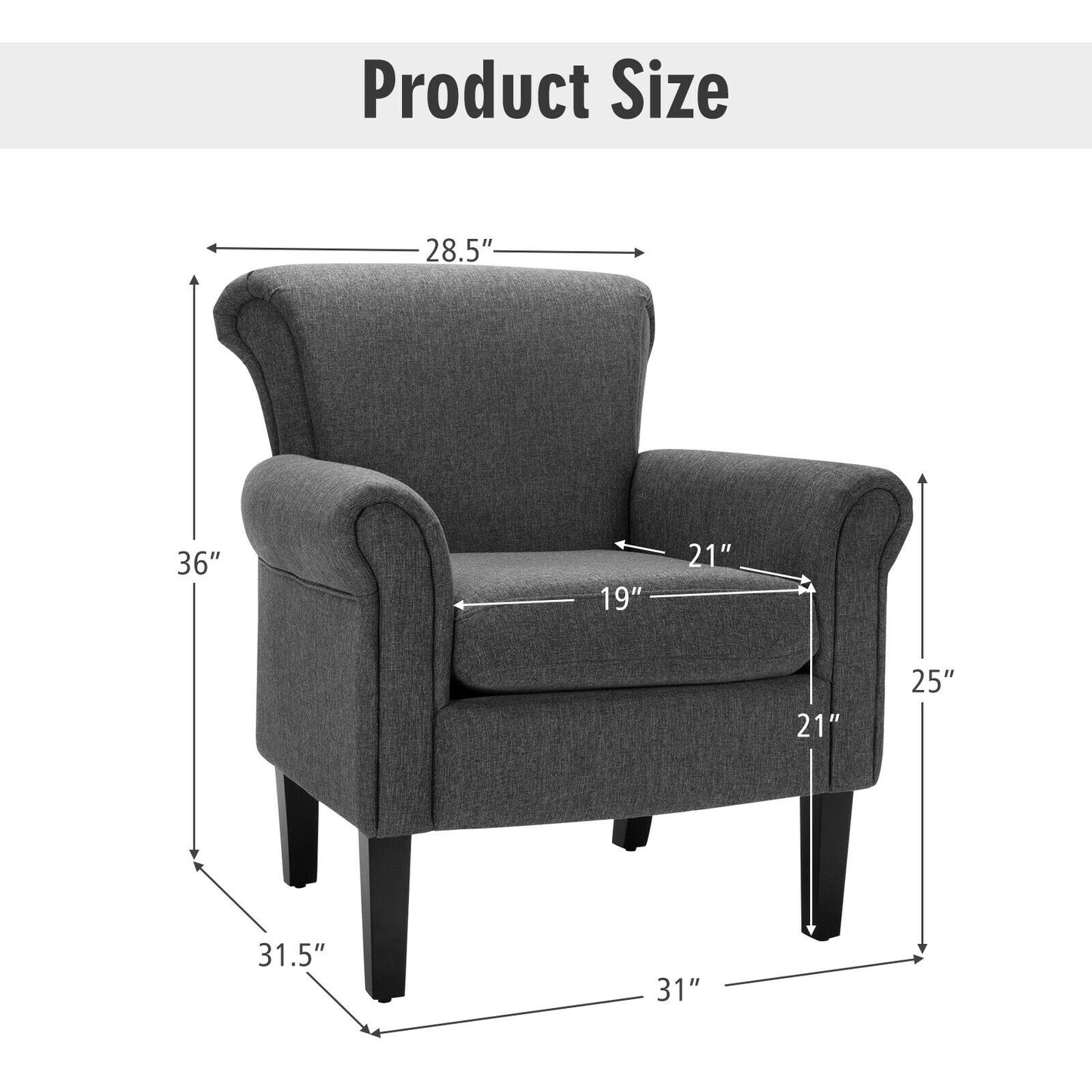 Comfort Accent Chair with Wide Seat and Adjustable Foot Pads - Dark Grey