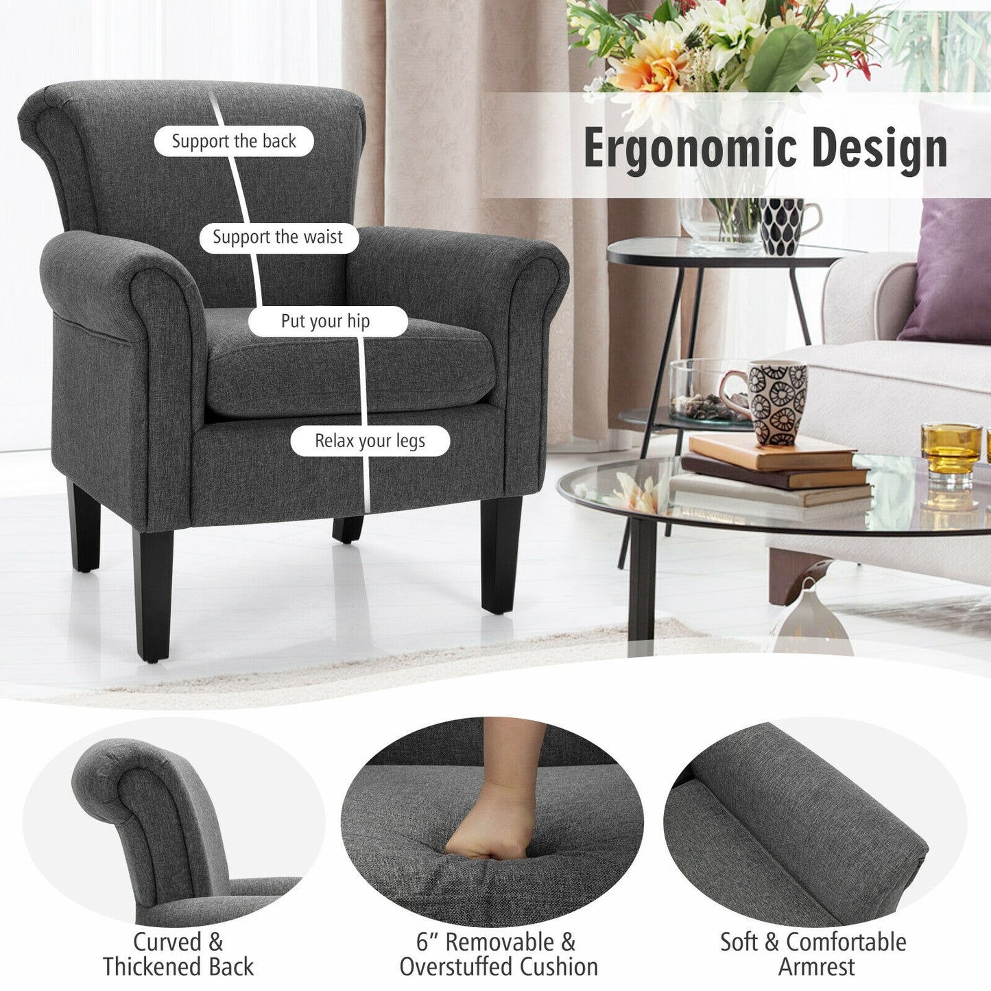 Comfort Accent Chair with Wide Seat and Adjustable Foot Pads - Dark Grey
