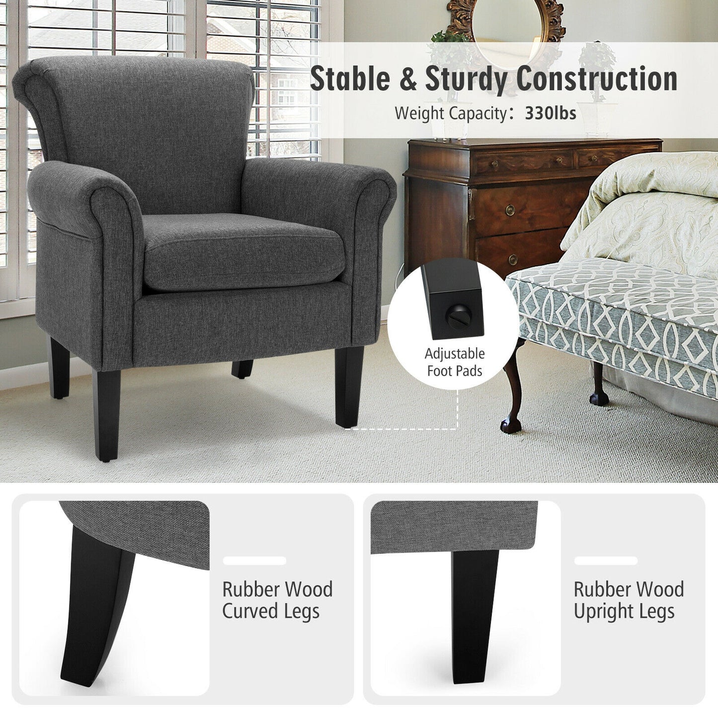 Comfort Accent Chair with Wide Seat and Adjustable Foot Pads - Dark Grey
