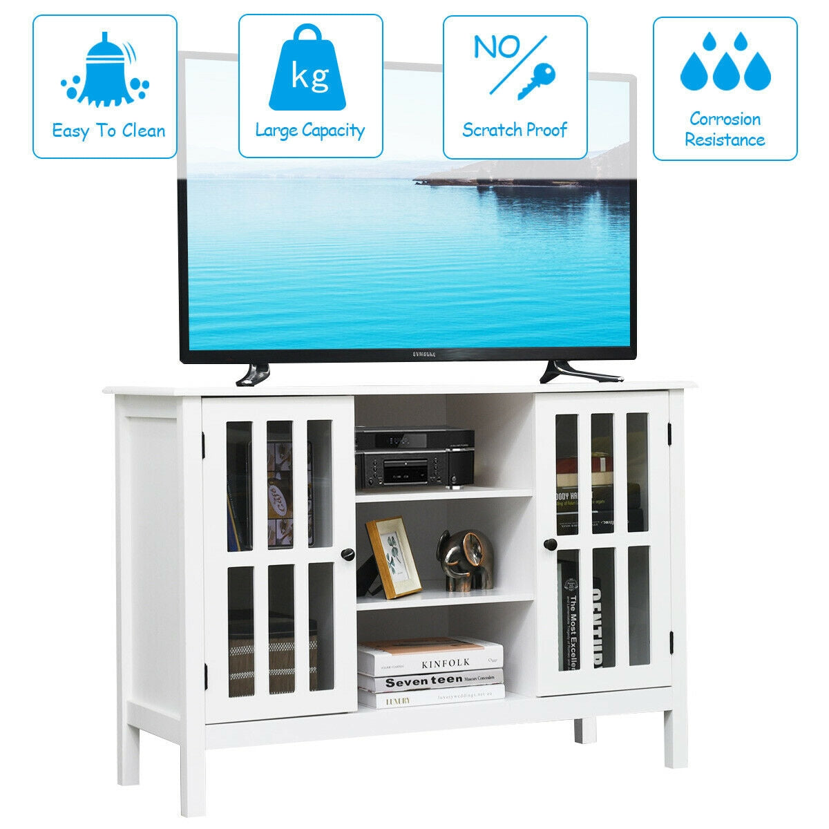 Modern Wooden TV Stand Cabinet with Storage for TVs up to 50 Inches – White Finish
